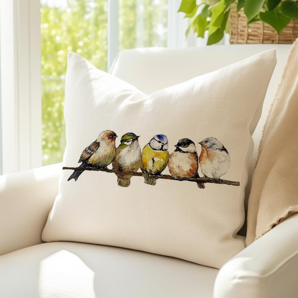 Rabusofa Watercolor Birds Pillows Decorative Throw Pillows 18X18,Hand-Painted Oil Painting Rustic Birds Square Pillow Cases,Cute Colorful Spring Summer Decorations For Home Couch Sofa Outdoor