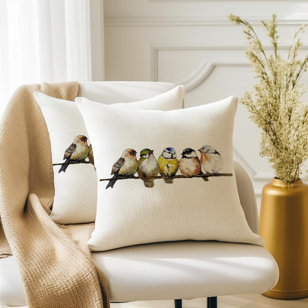 Rabusofa Watercolor Birds Pillows Decorative Throw Pillows 18X18,Hand-Painted Oil Painting Rustic Birds Square Pillow Cases,Cute Colorful Spring Summer Decorations For Home Couch Sofa Outdoor