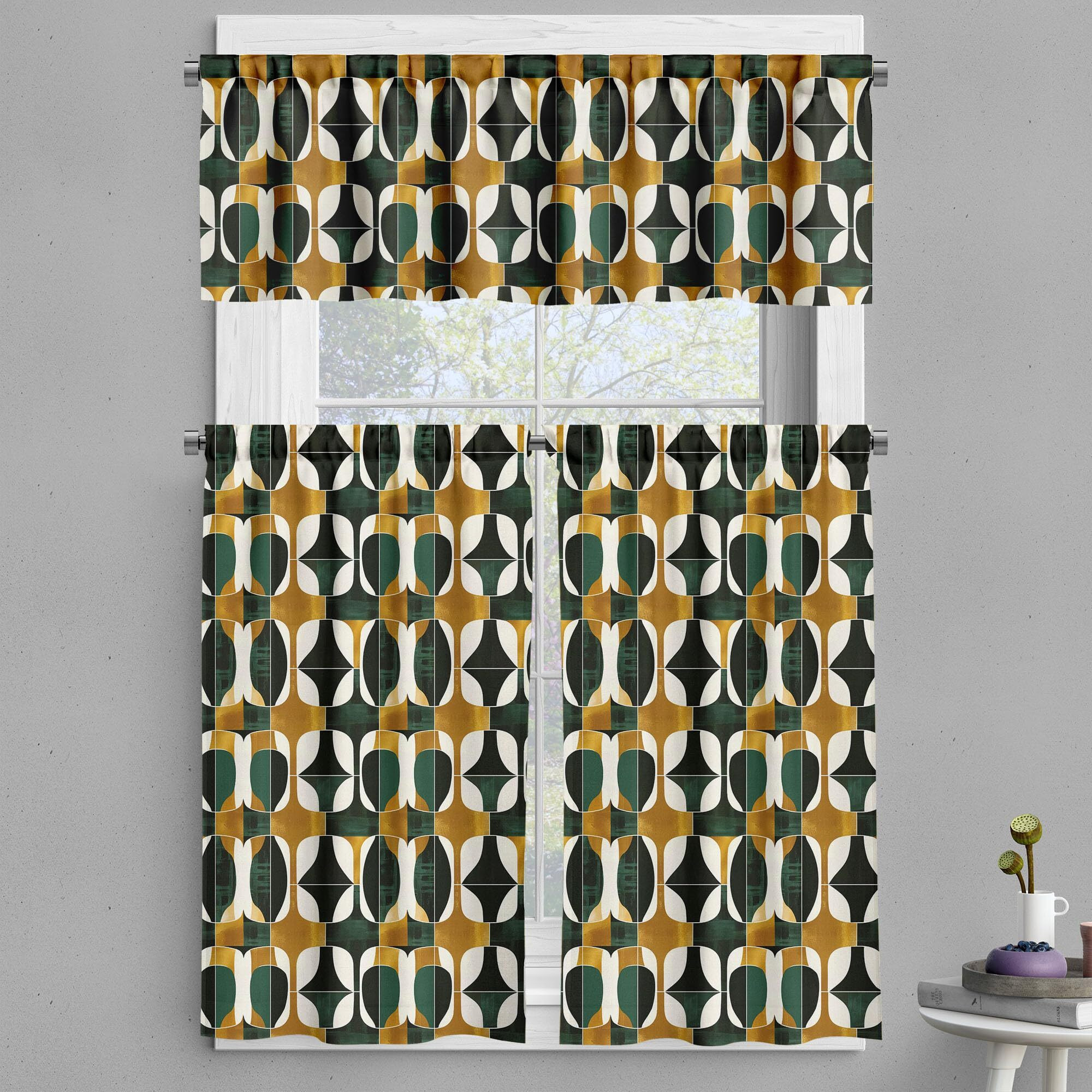Ambesonne Modern Valance & Tier Curtain 3 Pcs Set, Contemporary Unconventional Geometric Shapes In Oil Paint-Like Print, Window Treatments For Kitchen Room Decor, 55"" X 36"", Evergreen Umber Off White