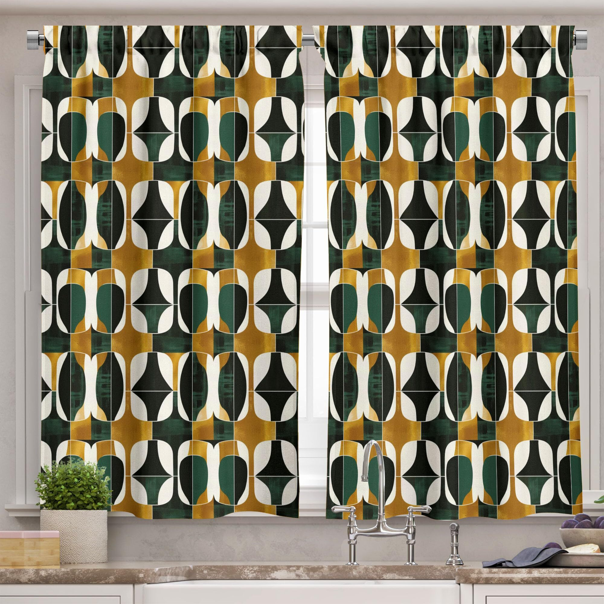 Ambesonne Modern Valance & Tier Curtain 3 Pcs Set, Contemporary Unconventional Geometric Shapes In Oil Paint-Like Print, Window Treatments For Kitchen Room Decor, 55"" X 36"", Evergreen Umber Off White