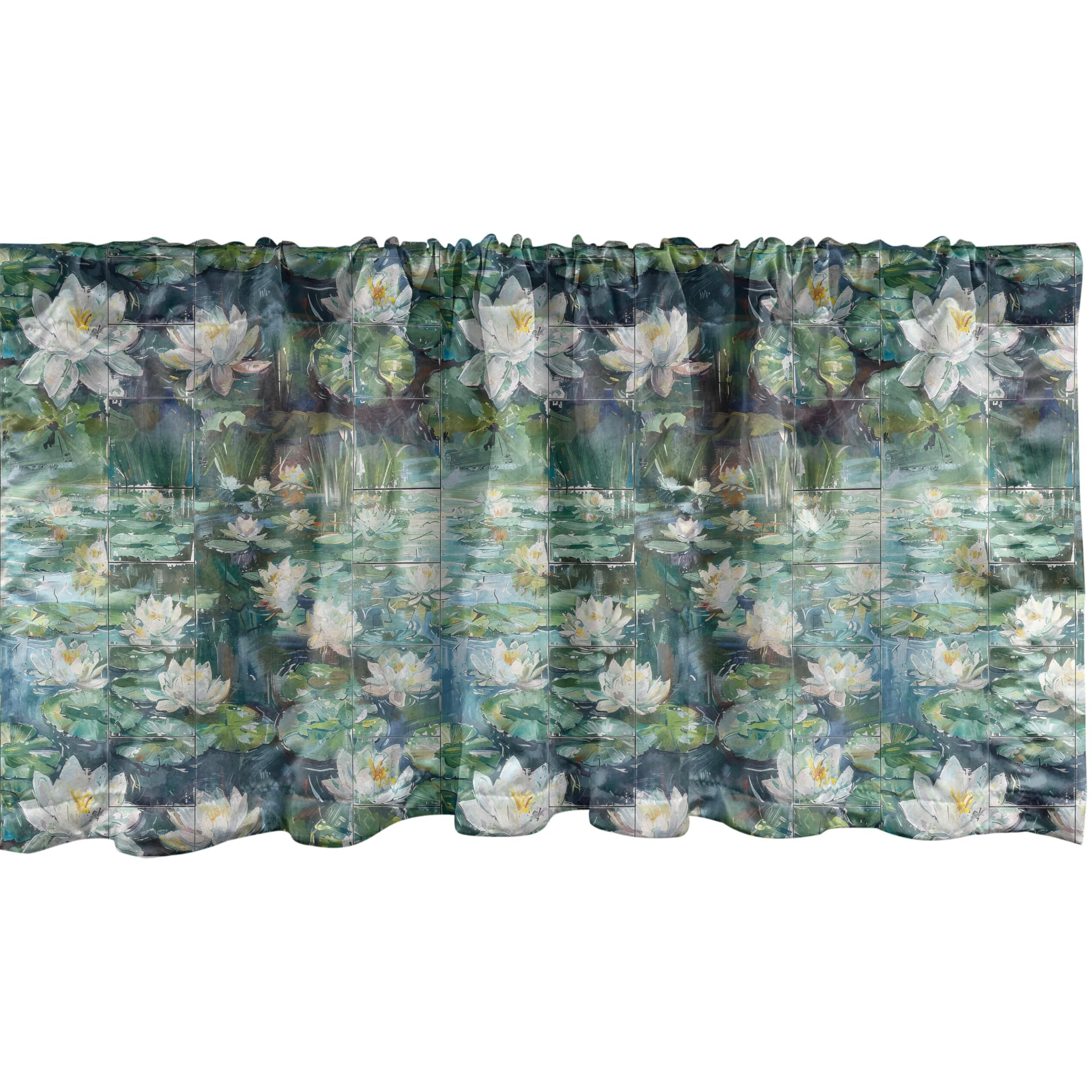 Ambesonne Lotus Window Valance Pack Of 2, Vintage Design Oil Paint Lake Floral Jungle Scenario Print With Lines, Rod Pocket Curtain Valances For Kitchen Bedroom, 54"" X 18"", Coconut Jade Green Blue