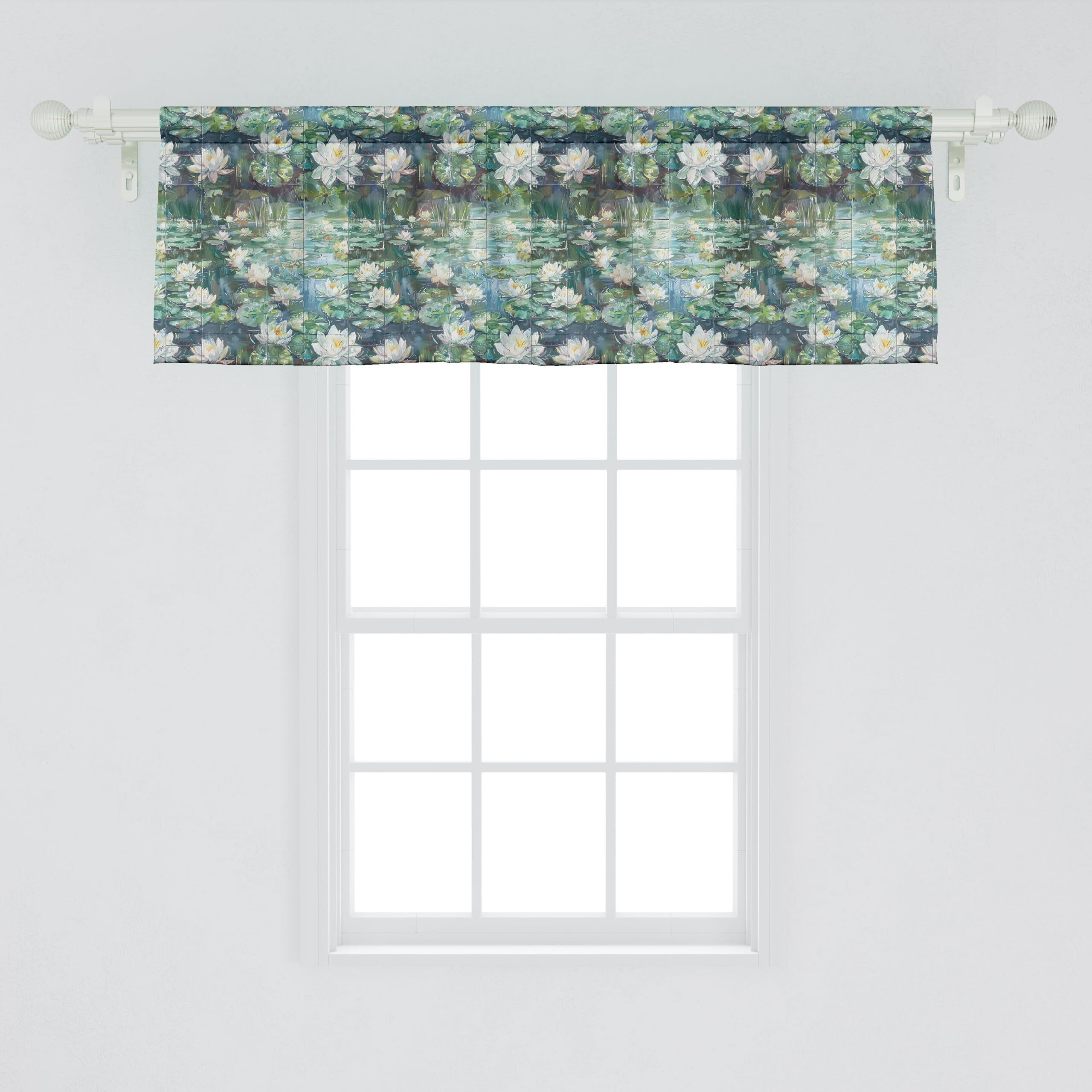 Ambesonne Lotus Window Valance Pack Of 2, Vintage Design Oil Paint Lake Floral Jungle Scenario Print With Lines, Rod Pocket Curtain Valances For Kitchen Bedroom, 54"" X 18"", Coconut Jade Green Blue