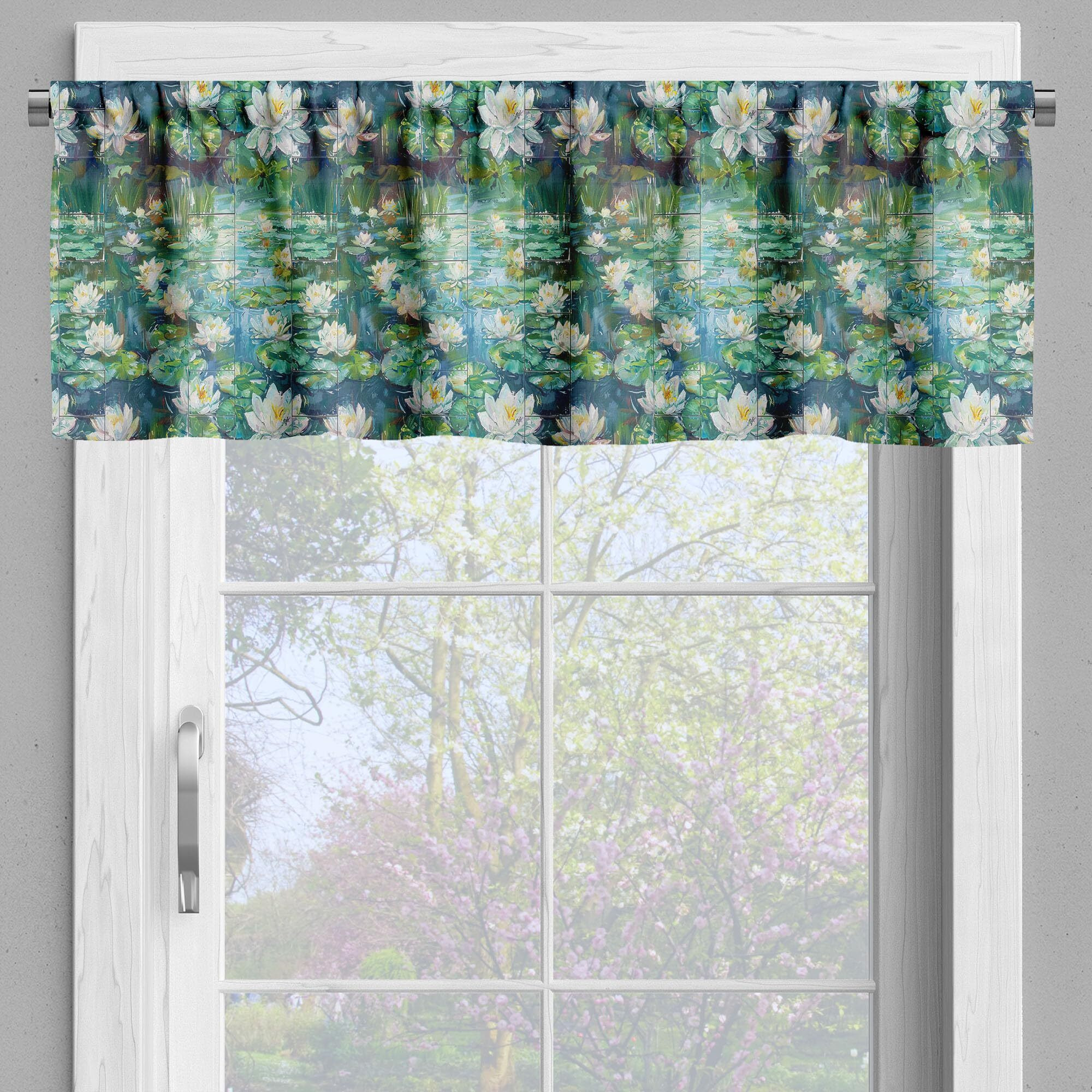 Ambesonne Lotus Window Valance Pack Of 2, Vintage Design Oil Paint Lake Floral Jungle Scenario Print With Lines, Rod Pocket Curtain Valances For Kitchen Bedroom, 54"" X 18"", Coconut Jade Green Blue