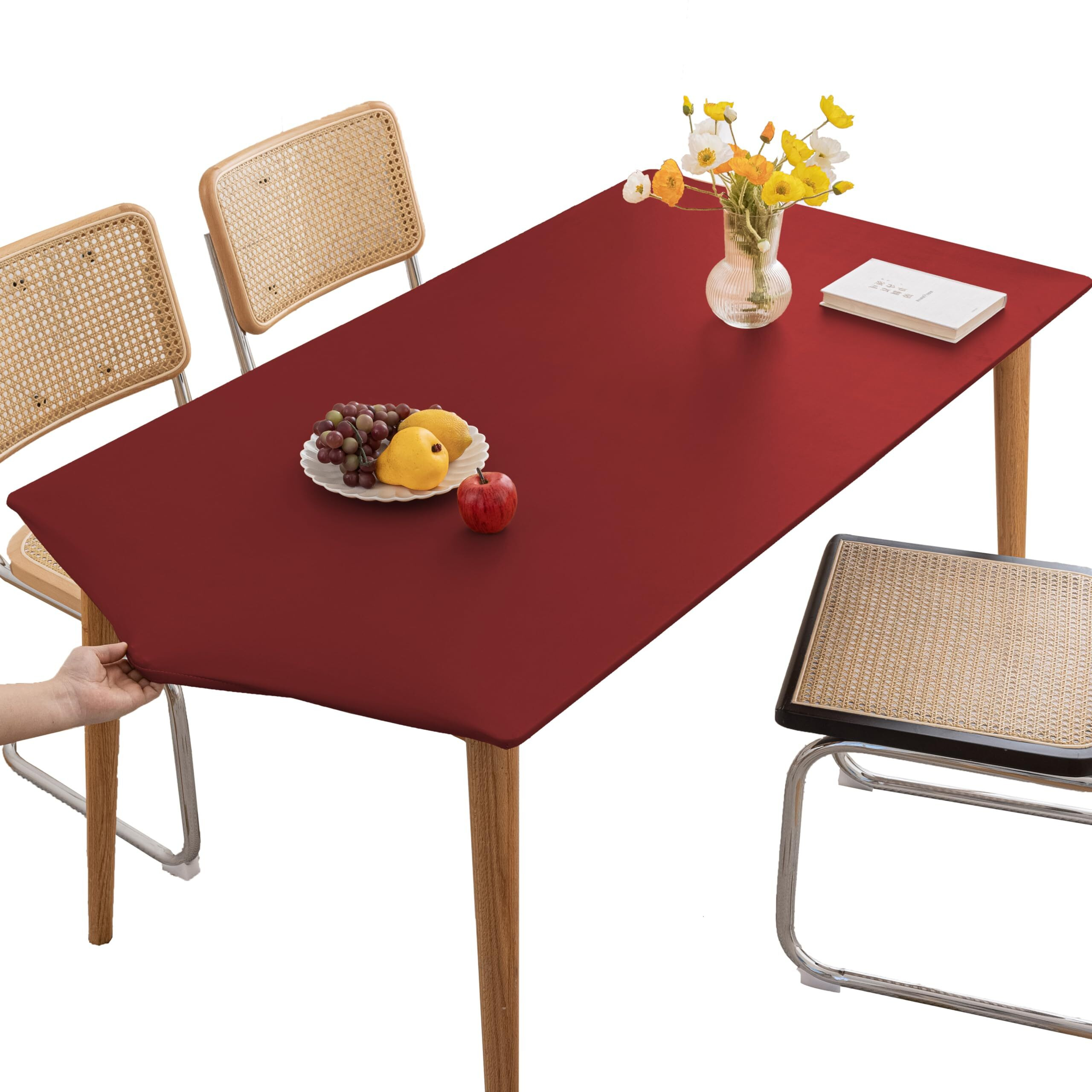 Huierxun Pu Stretch Fitted Rectangle Tablecloth With Elastic Edge 35 X 55 Inch Waterproof Oil Proof Table Cloth Wipeable Table Cover For Indoor Outdoor Furniture Protect (Red,35"&quotX55"")