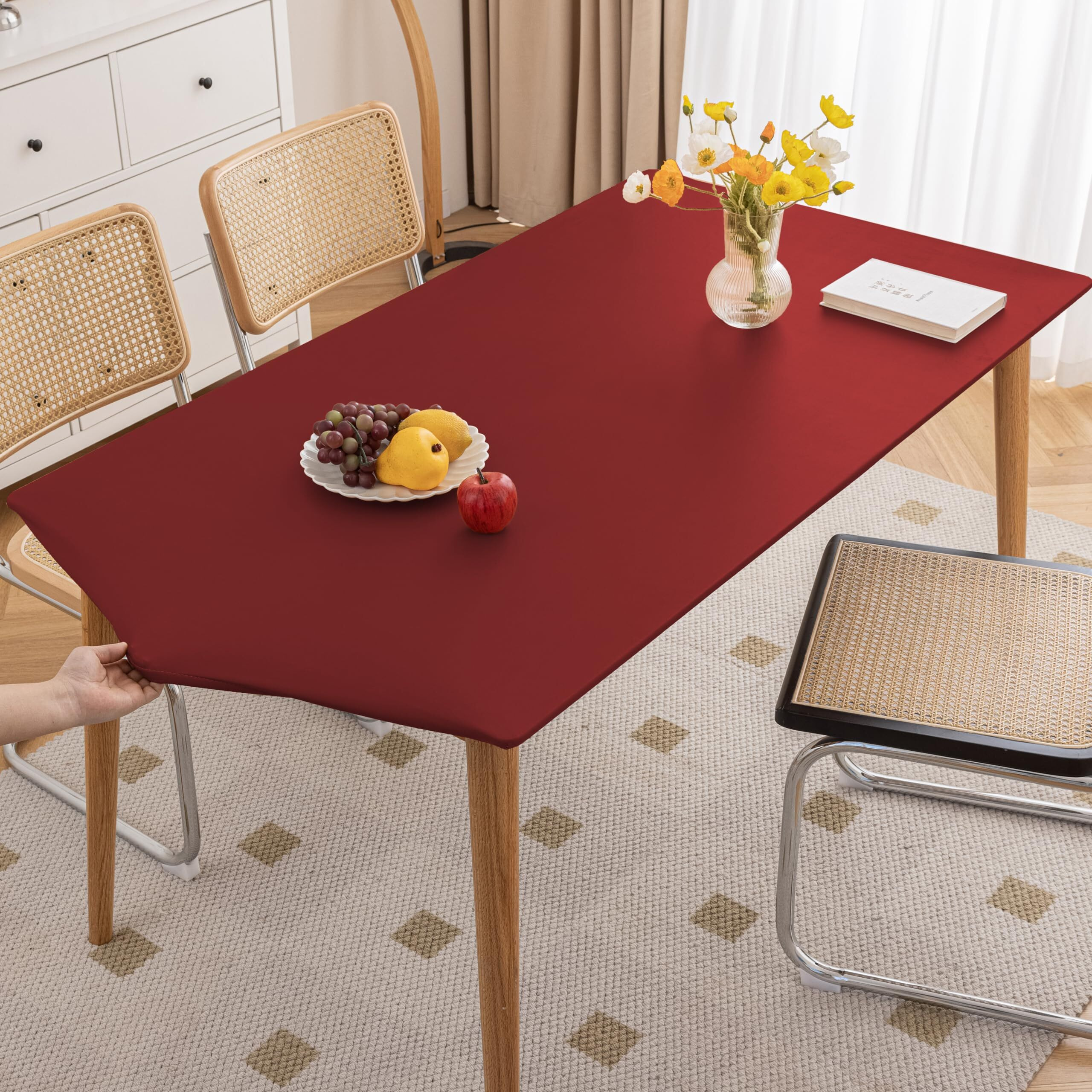 Huierxun Pu Stretch Fitted Rectangle Tablecloth With Elastic Edge 35 X 55 Inch Waterproof Oil Proof Table Cloth Wipeable Table Cover For Indoor Outdoor Furniture Protect (Red,35"&quotX55"")