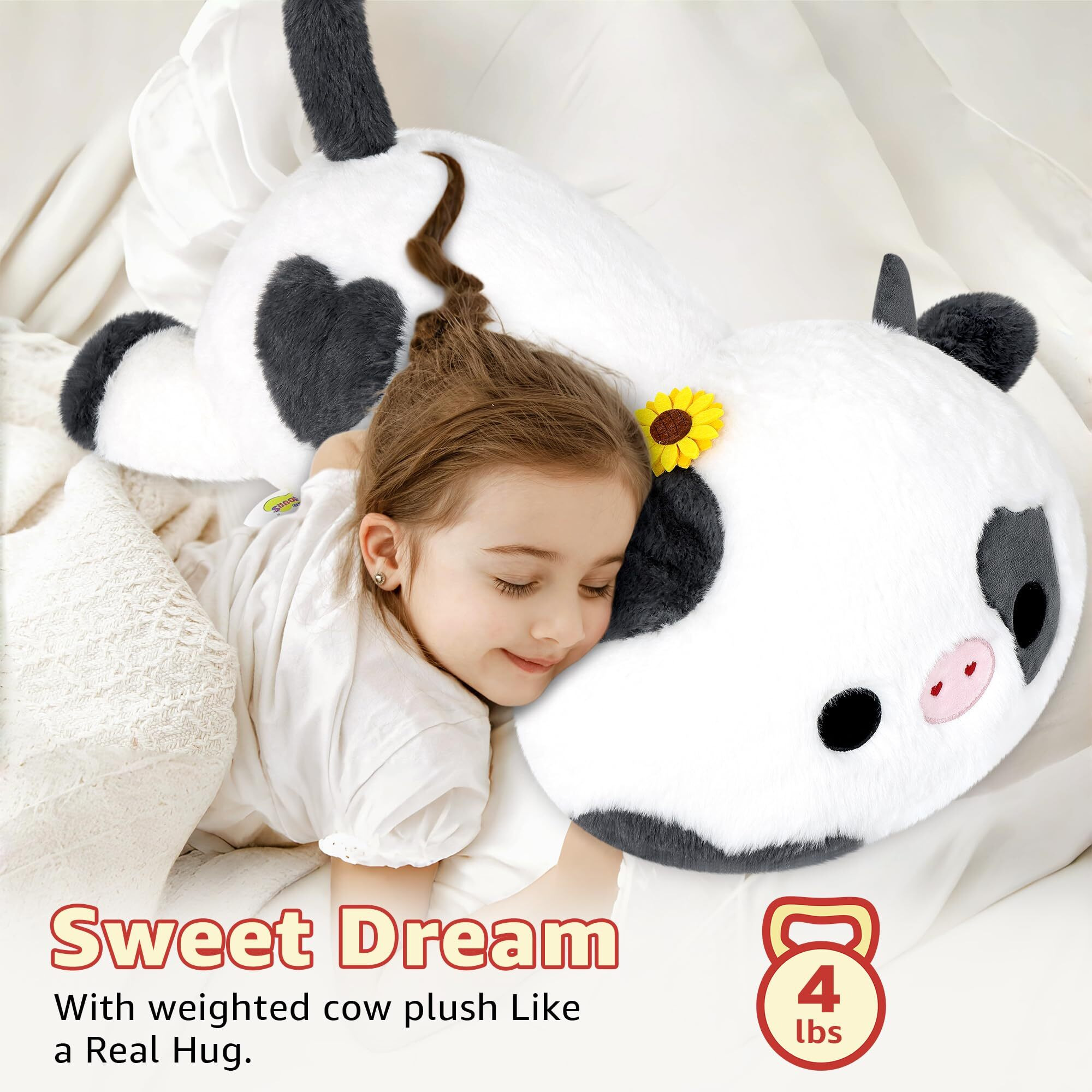 Onsoyours Original Weighted Sunflower Cow Stuffed Animals, 4.0 Lbs Weighted Plush For Stress Relief - 20"" Large Soft Cow Pillow Gifts For Kids & Adults