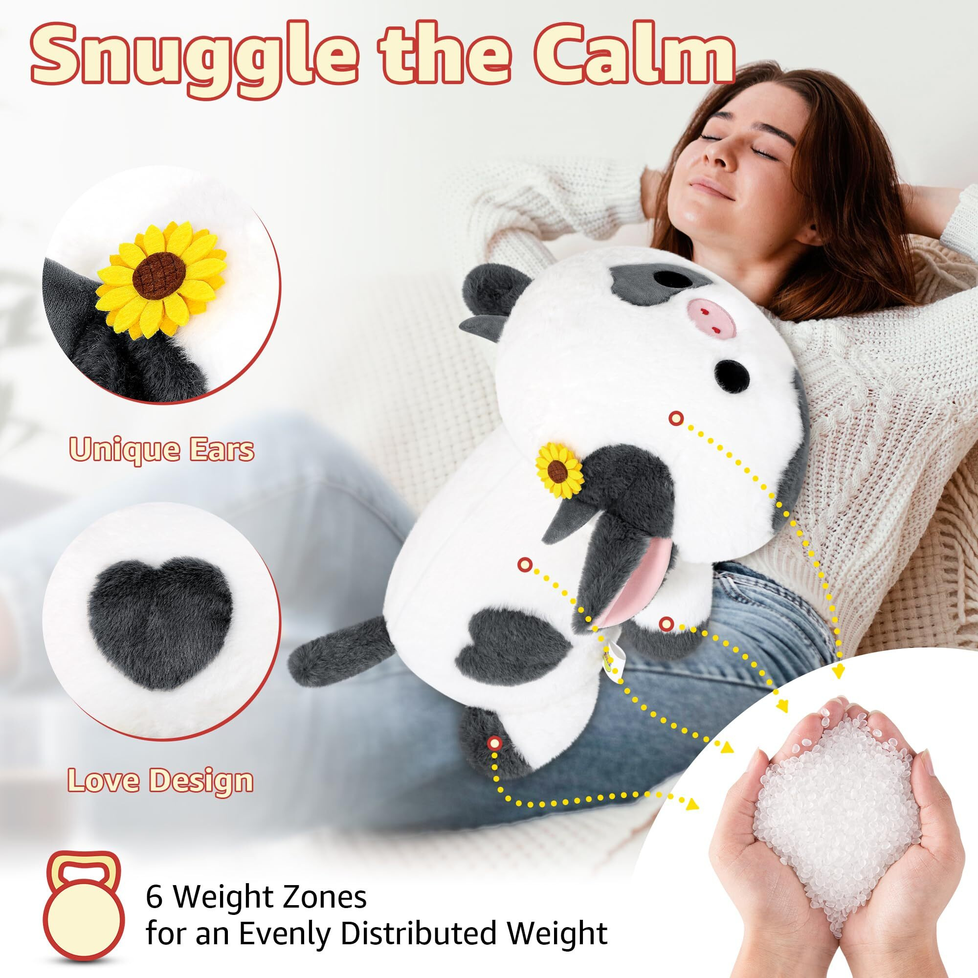 Onsoyours Original Weighted Sunflower Cow Stuffed Animals, 4.0 Lbs Weighted Plush For Stress Relief - 20"" Large Soft Cow Pillow Gifts For Kids & Adults