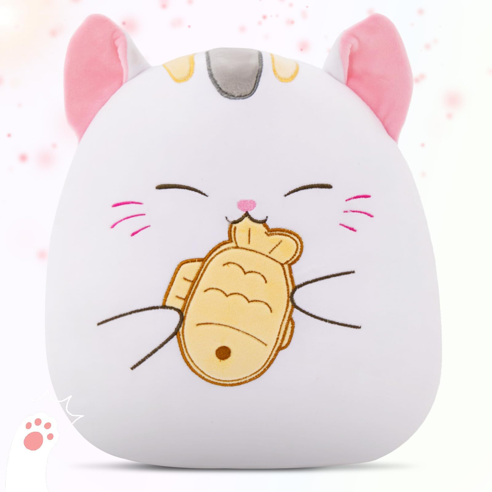 Athionsu 12-Inch Cat Plush Pillow Soft Kawaii Stuffed Animal Hugging Cushion With Taiyaki Fish Cute Kitty Plush Pillow For Toddler Kids, Boys Girls
