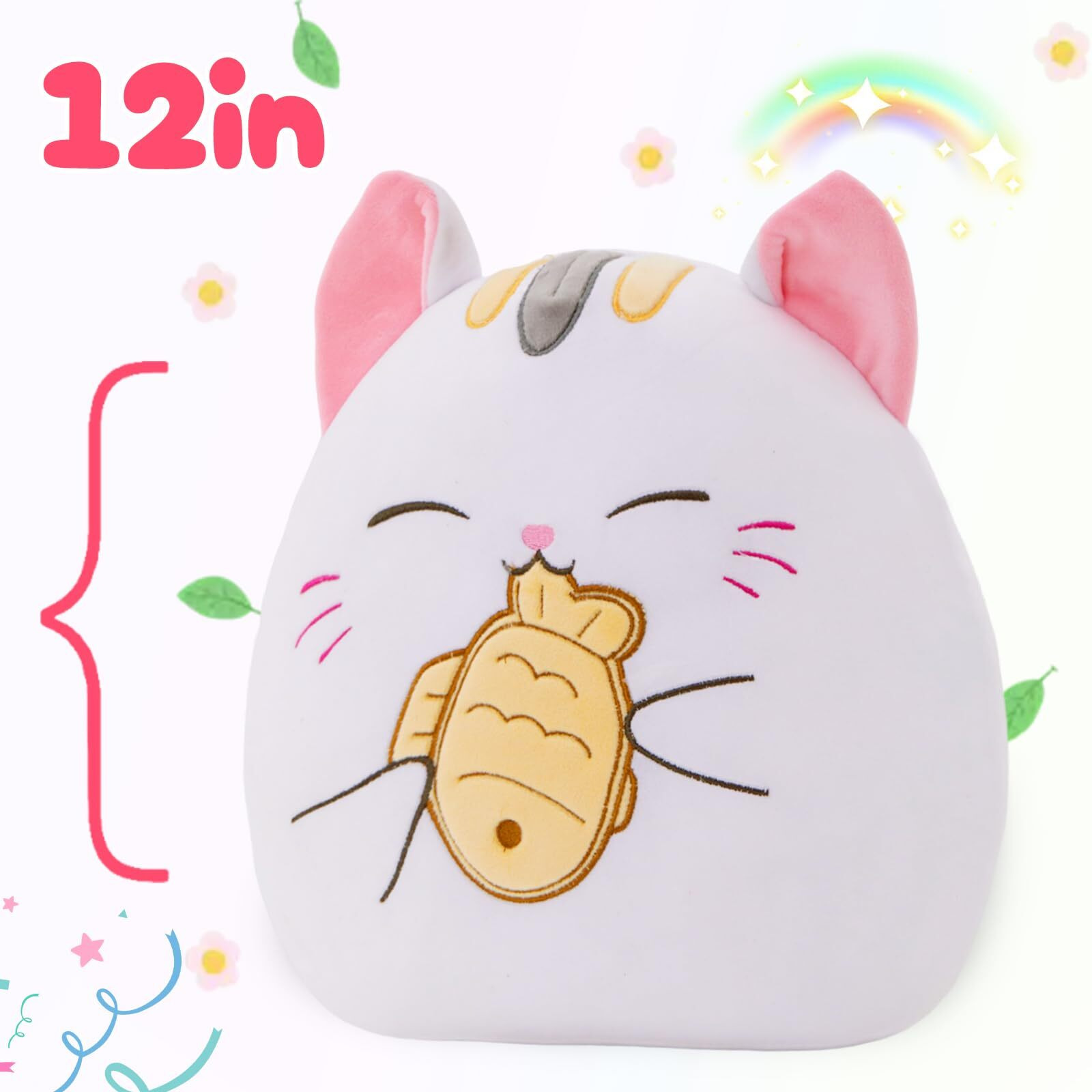 Athionsu 12-Inch Cat Plush Pillow Soft Kawaii Stuffed Animal Hugging Cushion With Taiyaki Fish Cute Kitty Plush Pillow For Toddler Kids, Boys Girls