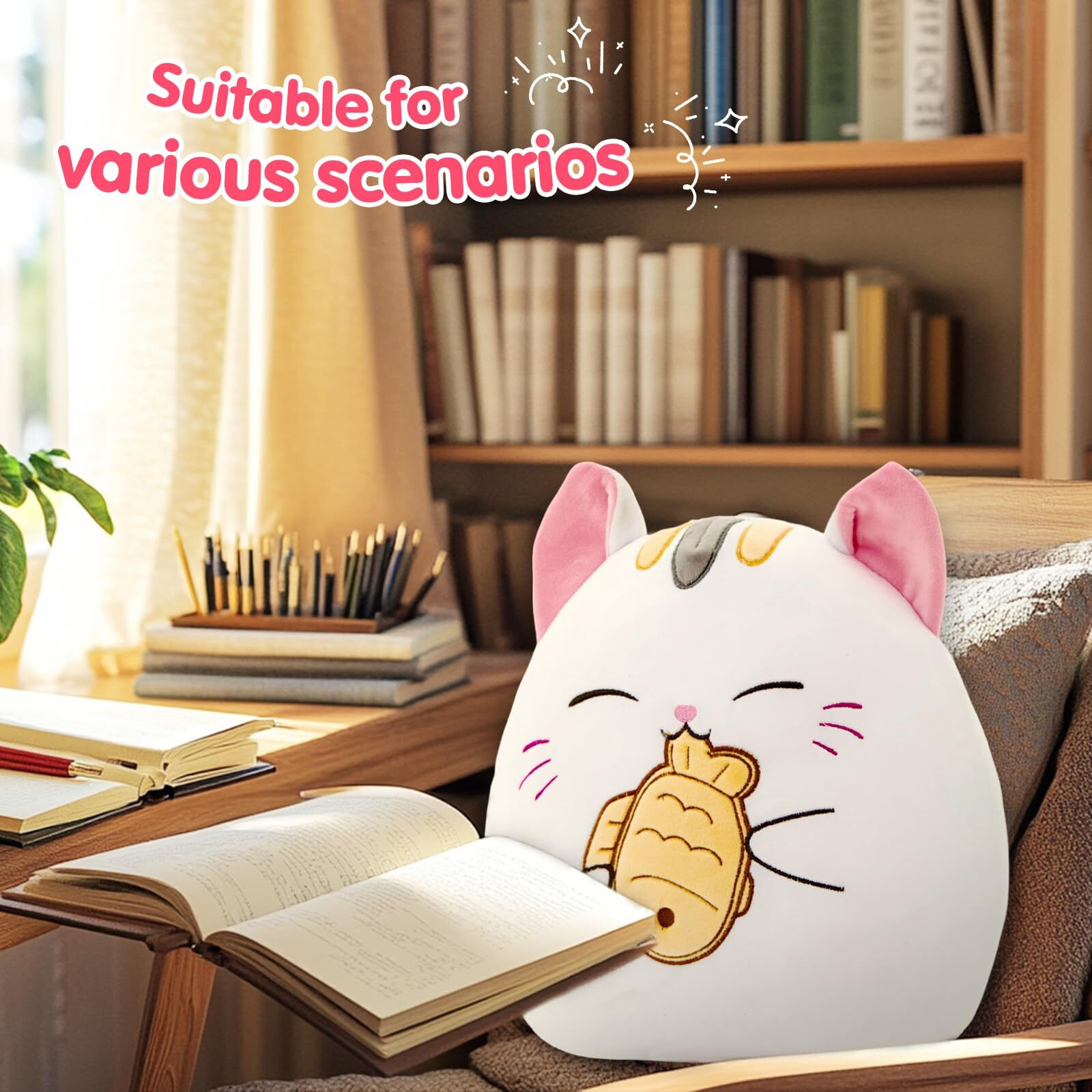Athionsu 12-Inch Cat Plush Pillow Soft Kawaii Stuffed Animal Hugging Cushion With Taiyaki Fish Cute Kitty Plush Pillow For Toddler Kids, Boys Girls