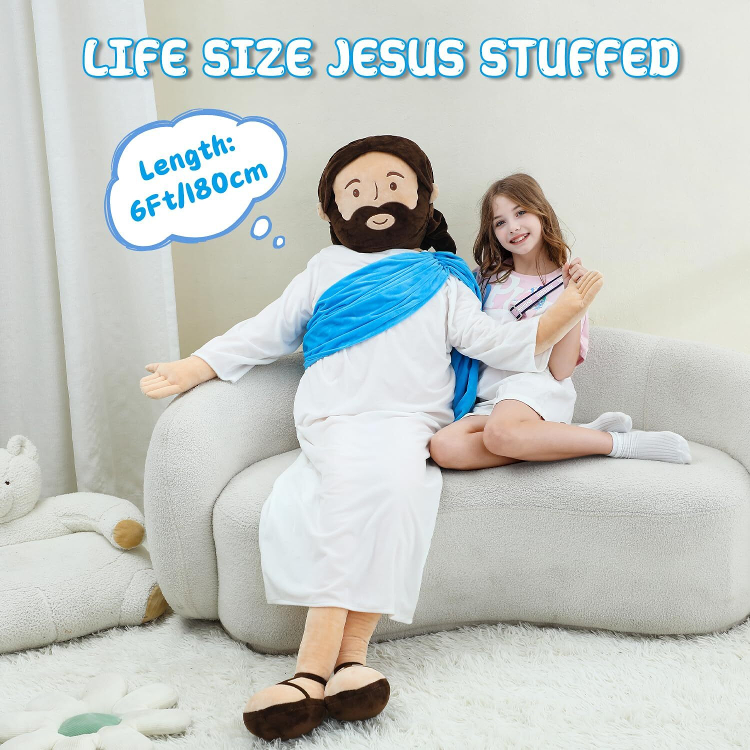 Yelakey Giant Jesus Plush 6 Ft Jesus Stuffed Doll Plushie Toy Christian Pillow Religious Decoration Gift For Christening Easter (Blue)