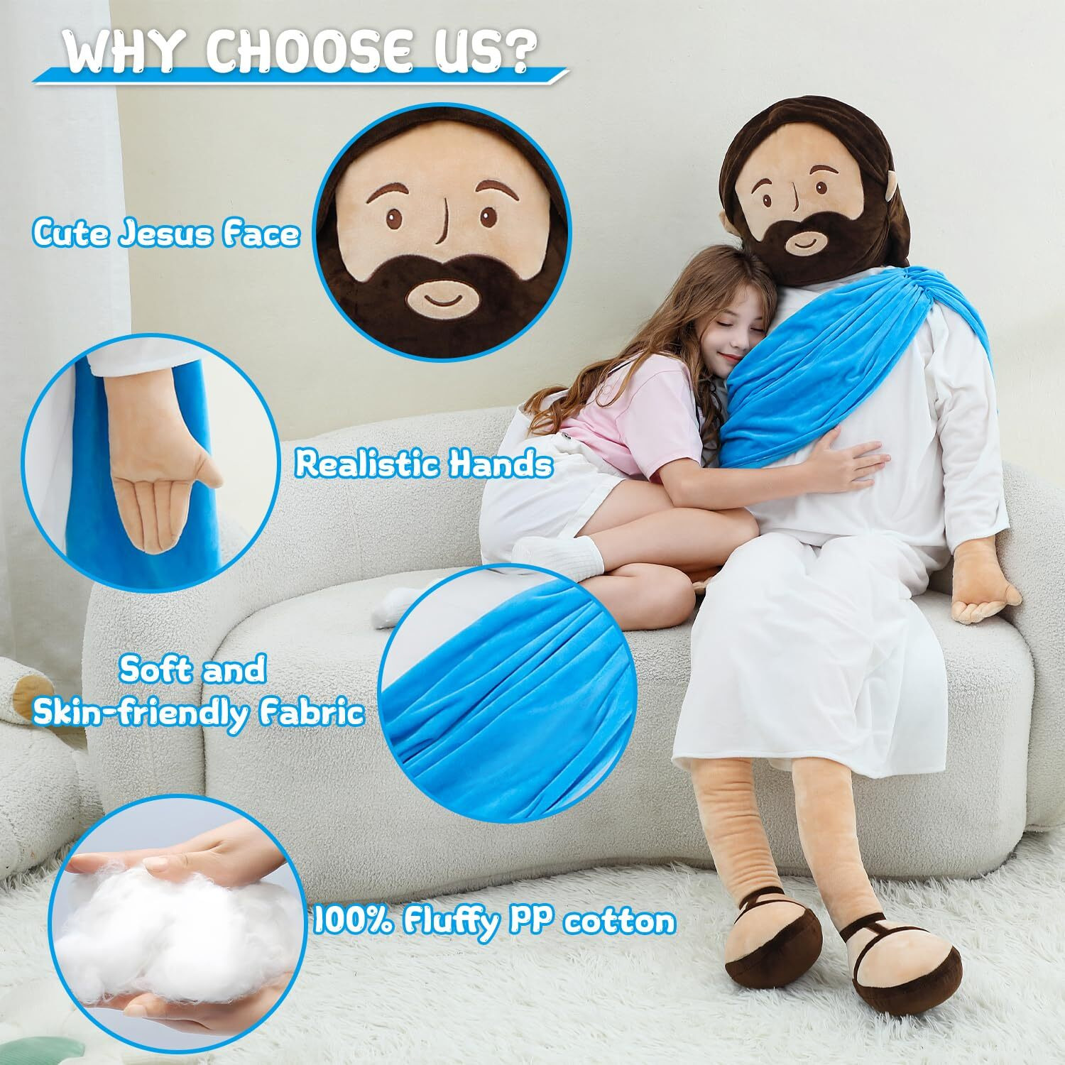 Yelakey Giant Jesus Plush 6 Ft Jesus Stuffed Doll Plushie Toy Christian Pillow Religious Decoration Gift For Christening Easter (Blue)