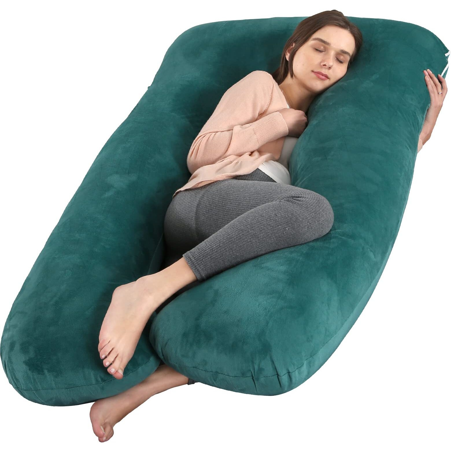 Amagoing 55 Inches Pregnancy Pillows For Sleeping, U Shaped Maternity Full Body Pillow For Pregnant Women With Hip, Leg, Back, Belly Support, Removable Washable Velvet Cover (Teal Green)