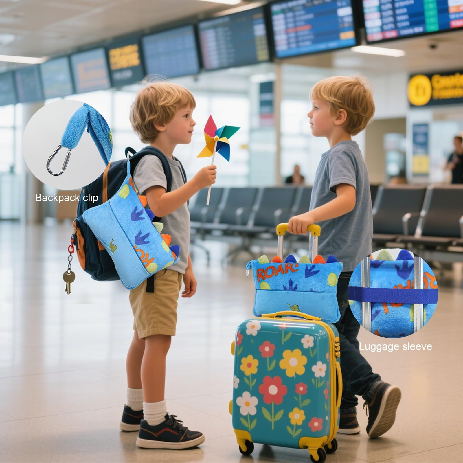 Vigorspring 3 In 1 Travel Pillow And Blanket Set For Kids,Soft Travel Blanket Airplane Campact With Bag,Pillow Blanket For Boys With A Pocket,Backpack Clip, Luggage Sleeve (Dinosaur)