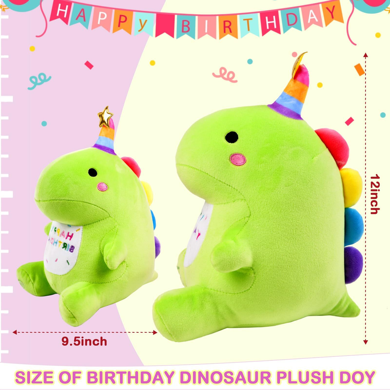 Birthday Dinosaur Plush Stuffed Animal - 12"" Green Plush Toy With Light & Happy Birthday Music, Weighted Dino Plushie, Cute Kawaii Soft Pillow Gifts Stuffies For Boys Girls Babies Kids Decorations