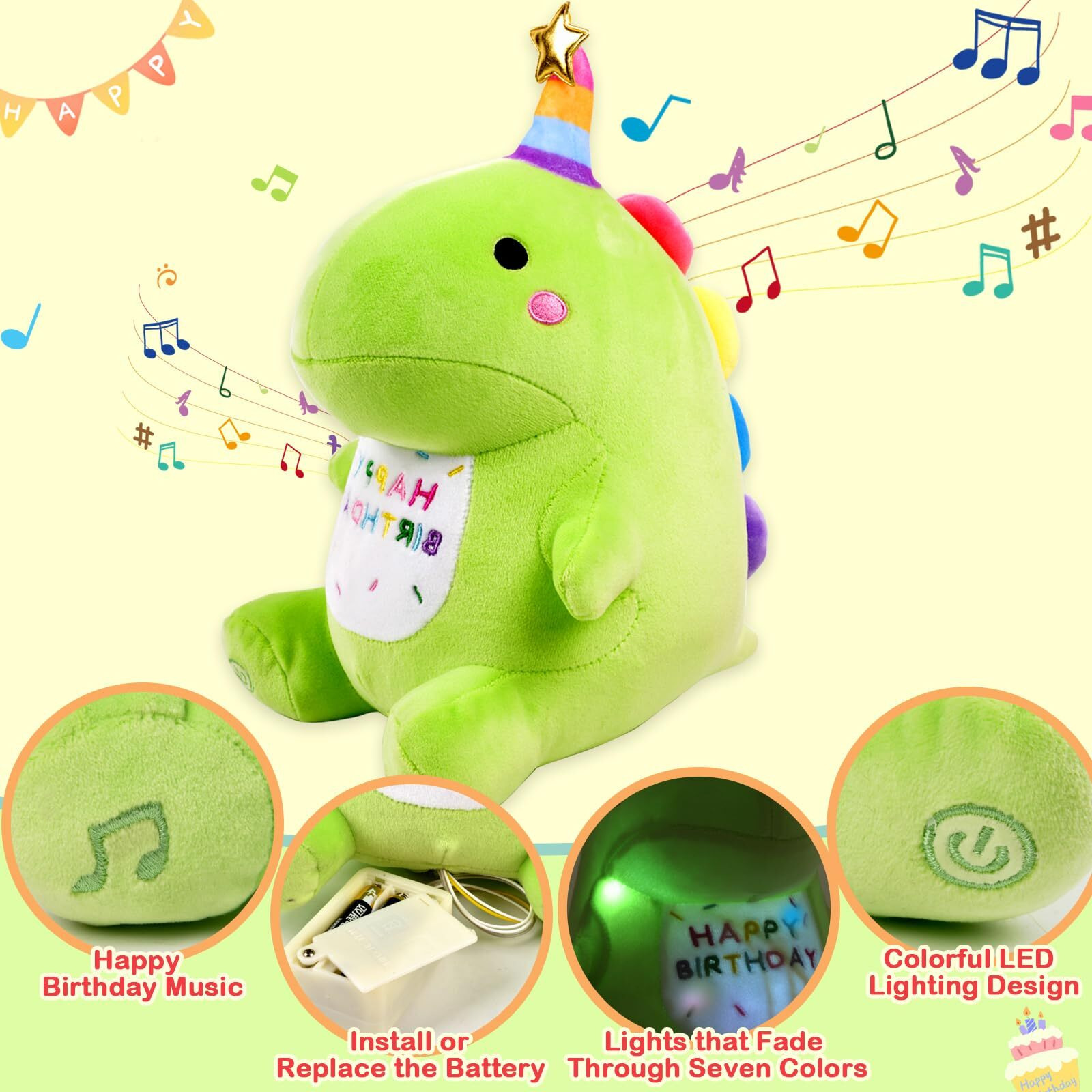 Birthday Dinosaur Plush Stuffed Animal - 12"" Green Plush Toy With Light & Happy Birthday Music, Weighted Dino Plushie, Cute Kawaii Soft Pillow Gifts Stuffies For Boys Girls Babies Kids Decorations