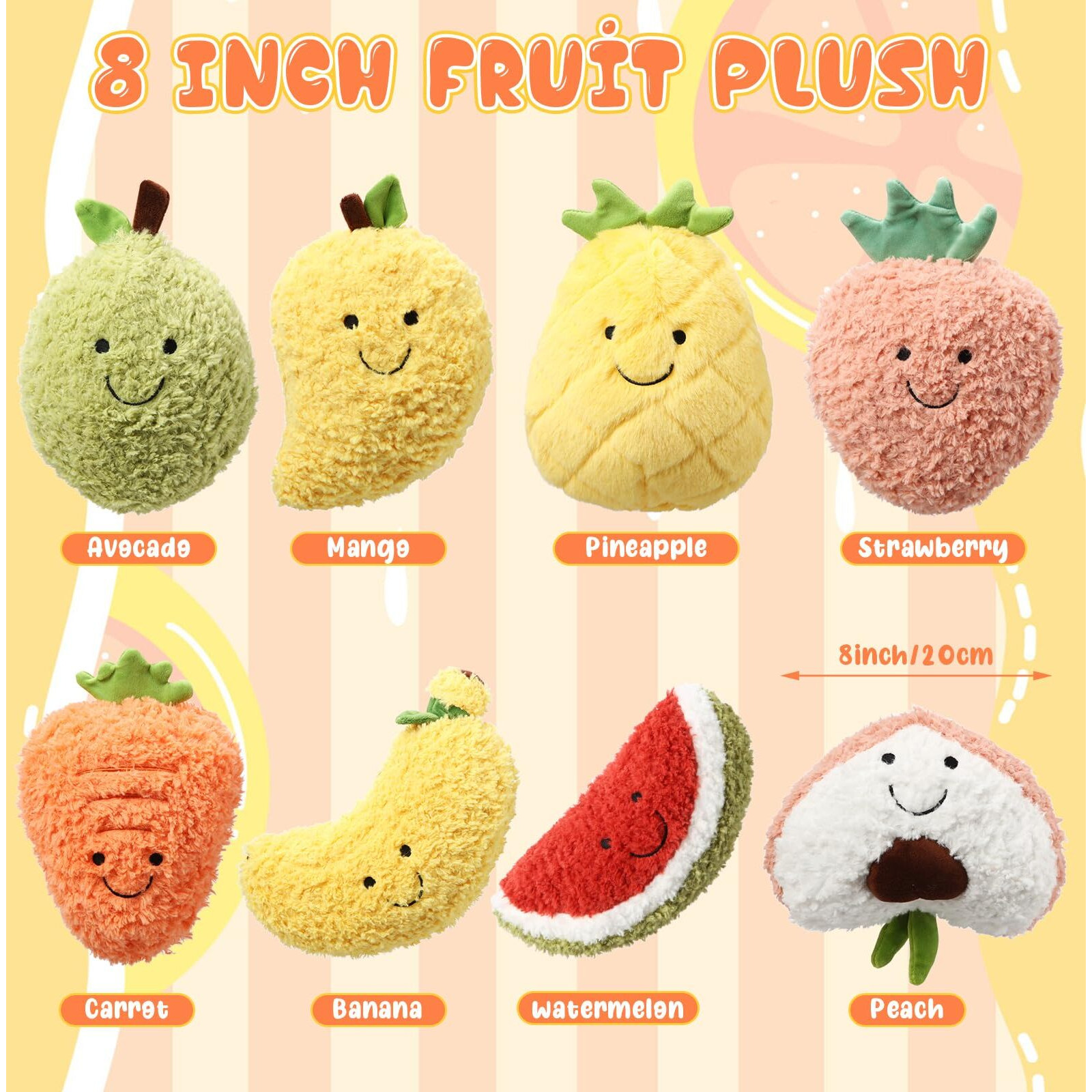 Simgoing 8 Pcs Cute Fruit Plush Pillow Stuffed Fruit Toy 8 Inch Avocado Banana Watermelon Peach Strawberry Mango Carrot Pineapple Plush Toy Kawaii Hugging Plushies For Boys Girls Party Favors