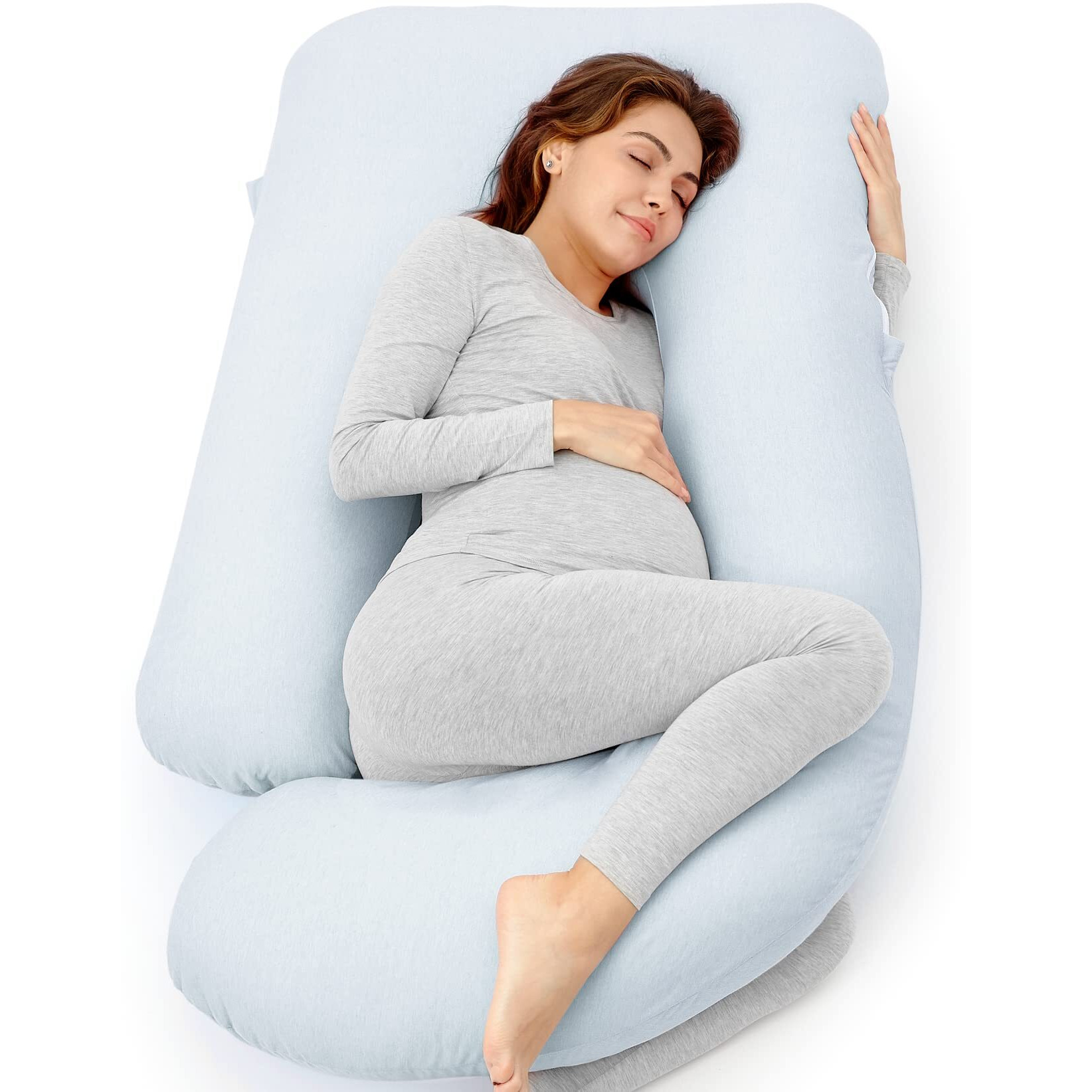 Momcozy Pregnancy Pillows For Sleeping, U Shaped Full Body Pillow 57 Inch For Pregnant Women With Back, Hip, Leg, Belly Support, Washable Jersey Cotton Cover Included, Light Blue