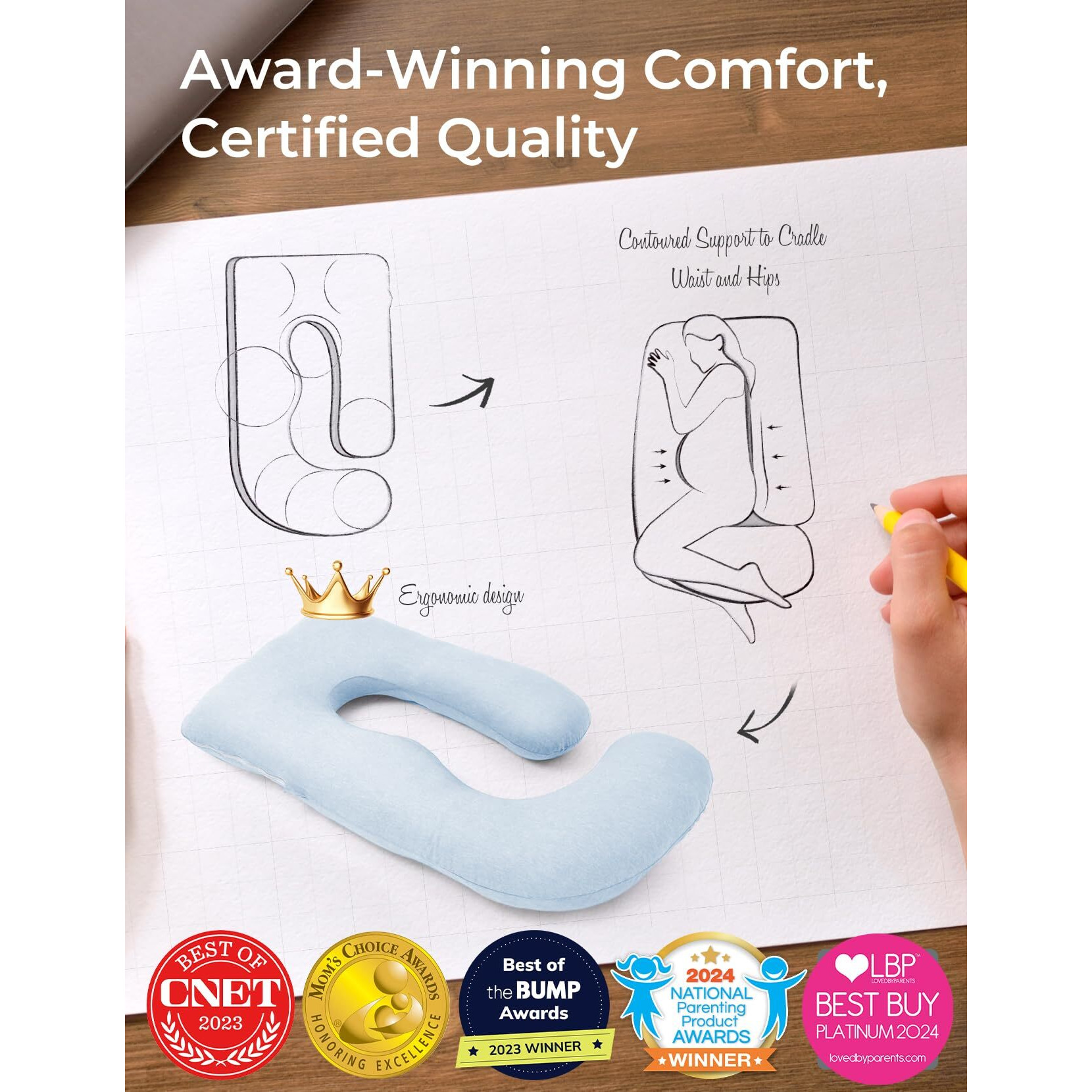 Momcozy Pregnancy Pillows For Sleeping, U Shaped Full Body Pillow 57 Inch For Pregnant Women With Back, Hip, Leg, Belly Support, Washable Jersey Cotton Cover Included, Light Blue