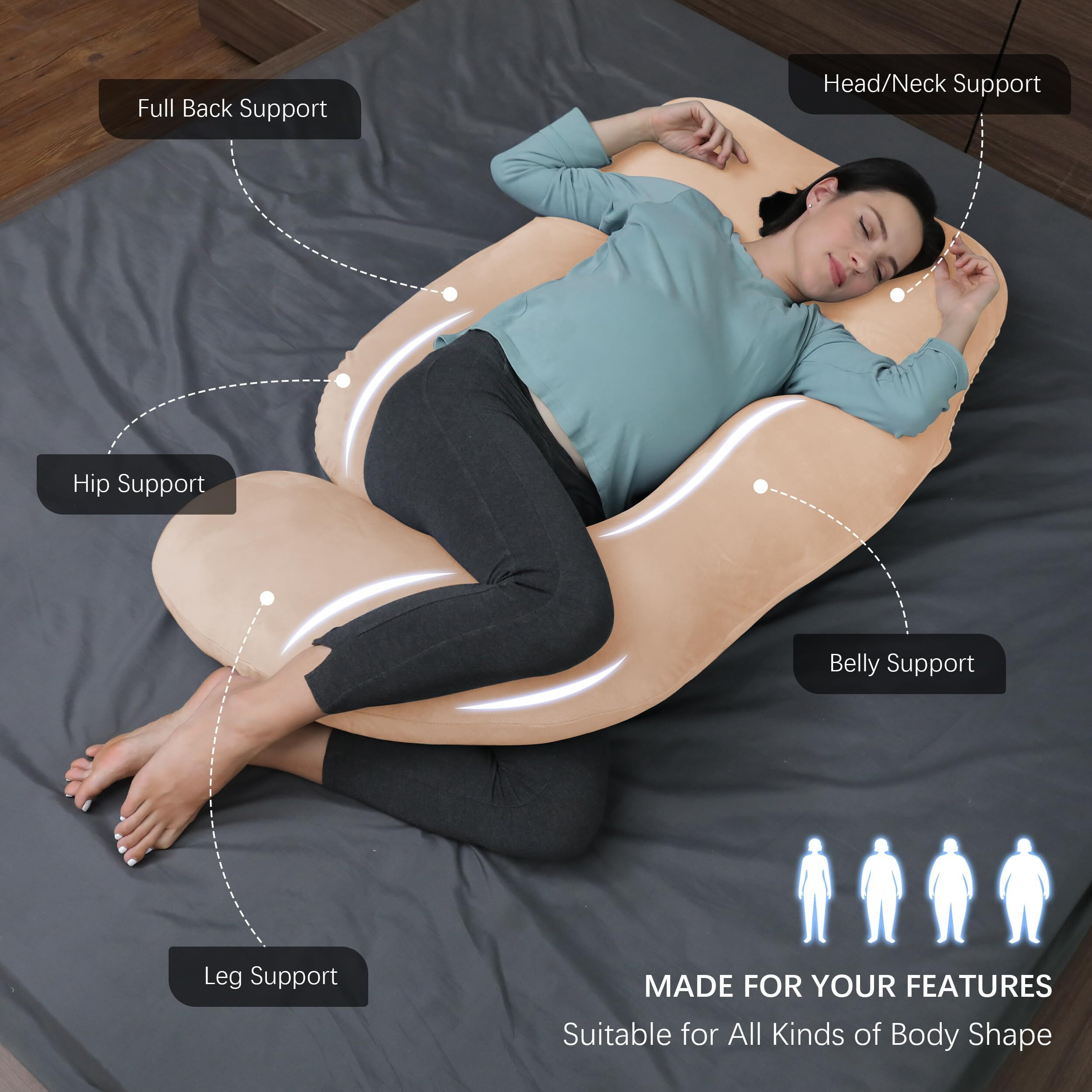 Moon Park Pregnancy Pillows For Sleeping - U Shaped Full Body Maternity Pillow With Removable Cover - Support For Back, Legs, Belly, Hips - 65 Inch - Brown