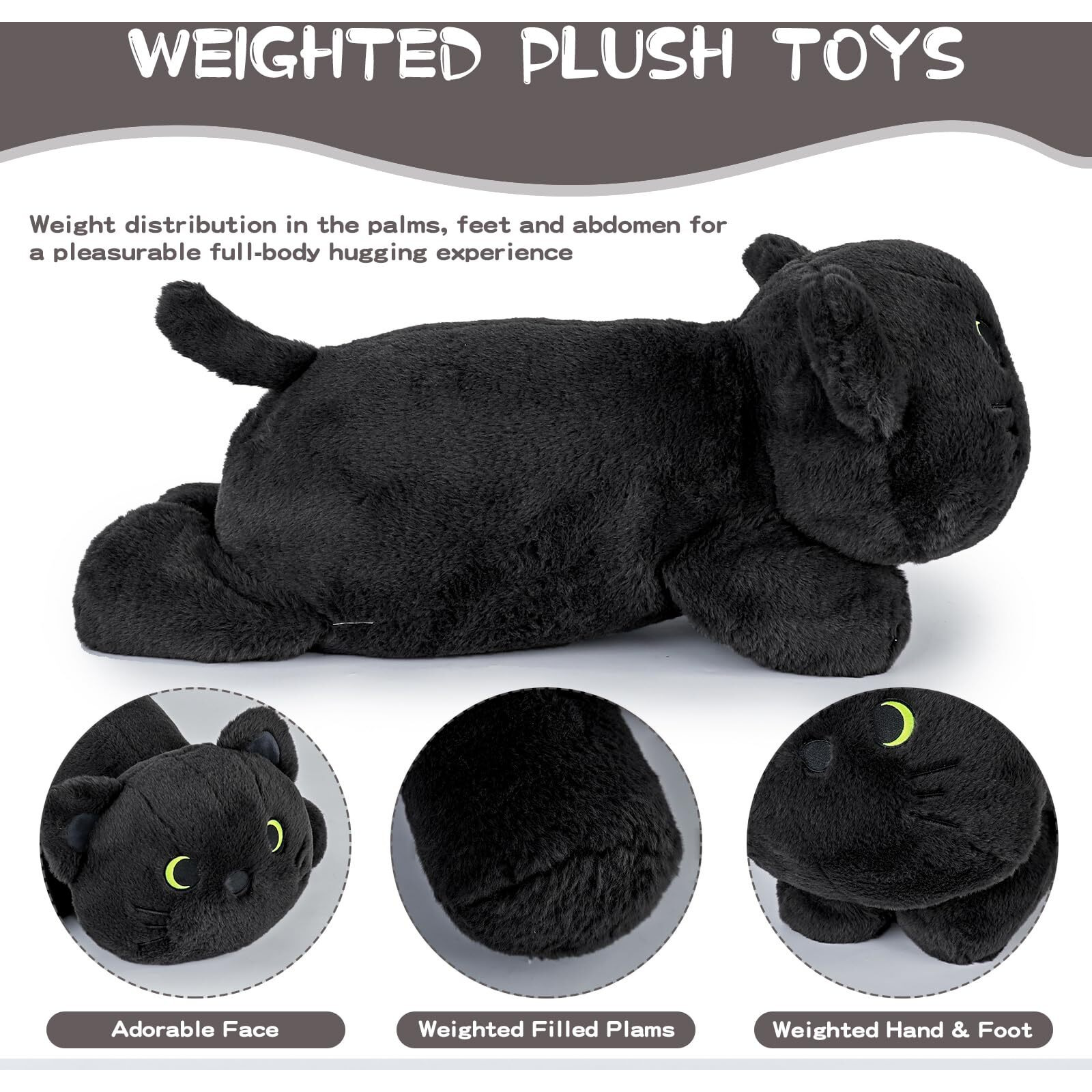 Ffxiong 22 Inch 4 Lbs Big Weighted Stuffed Animal Black Cat Throw Pillow Soft Body Doll Cute Giant Weighted Cat Plush Toy Gift For Kids Girls Boys Birthday Valentines