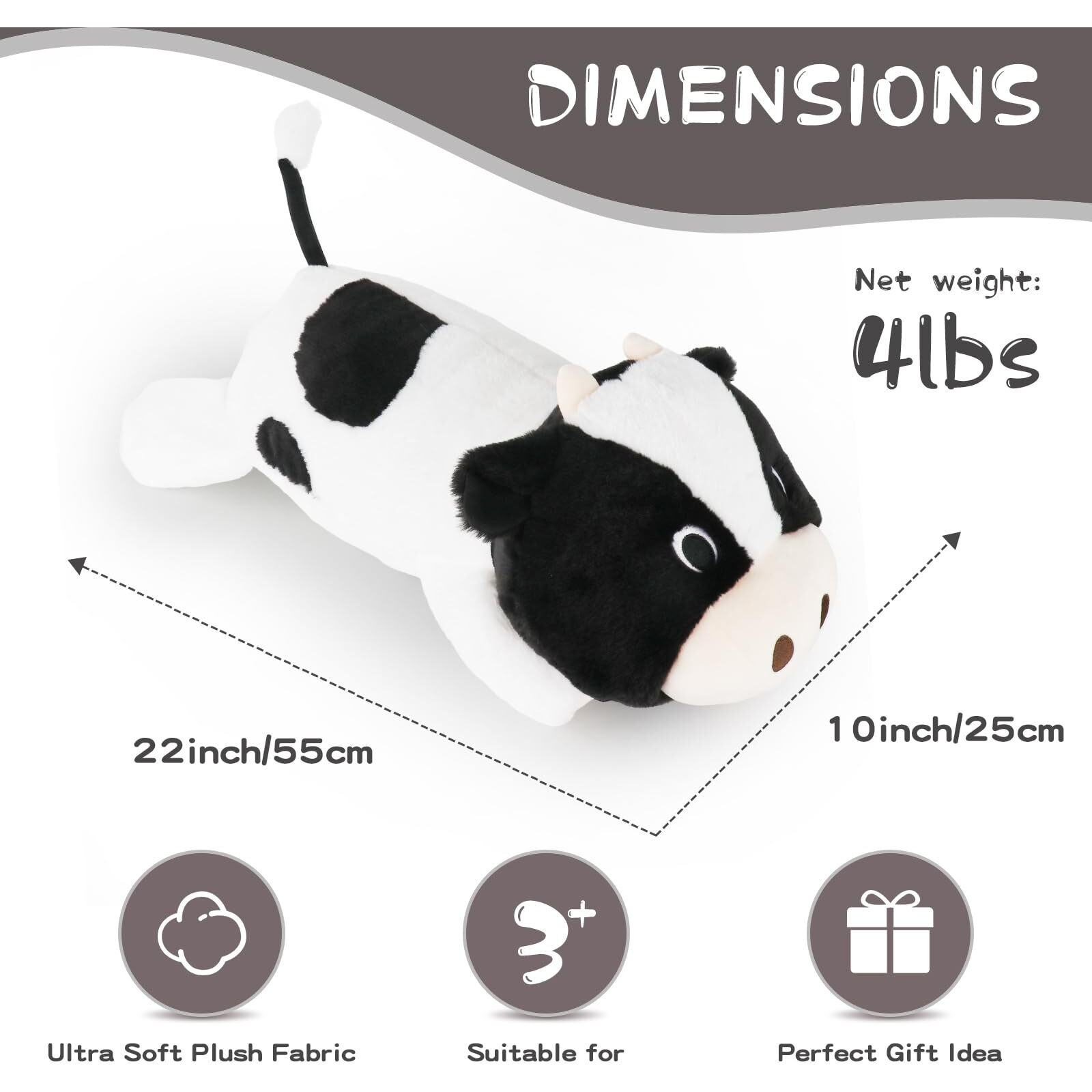 Ffxiong 22 Inch 4 Lbs Weighted Cow Stuffed Animal Pillow Soft Body Plushies Doll Cute Large Cow Weighted Plush Animals Toy For Anxiety Gift For Kids Girls Boys Birthday Valentines