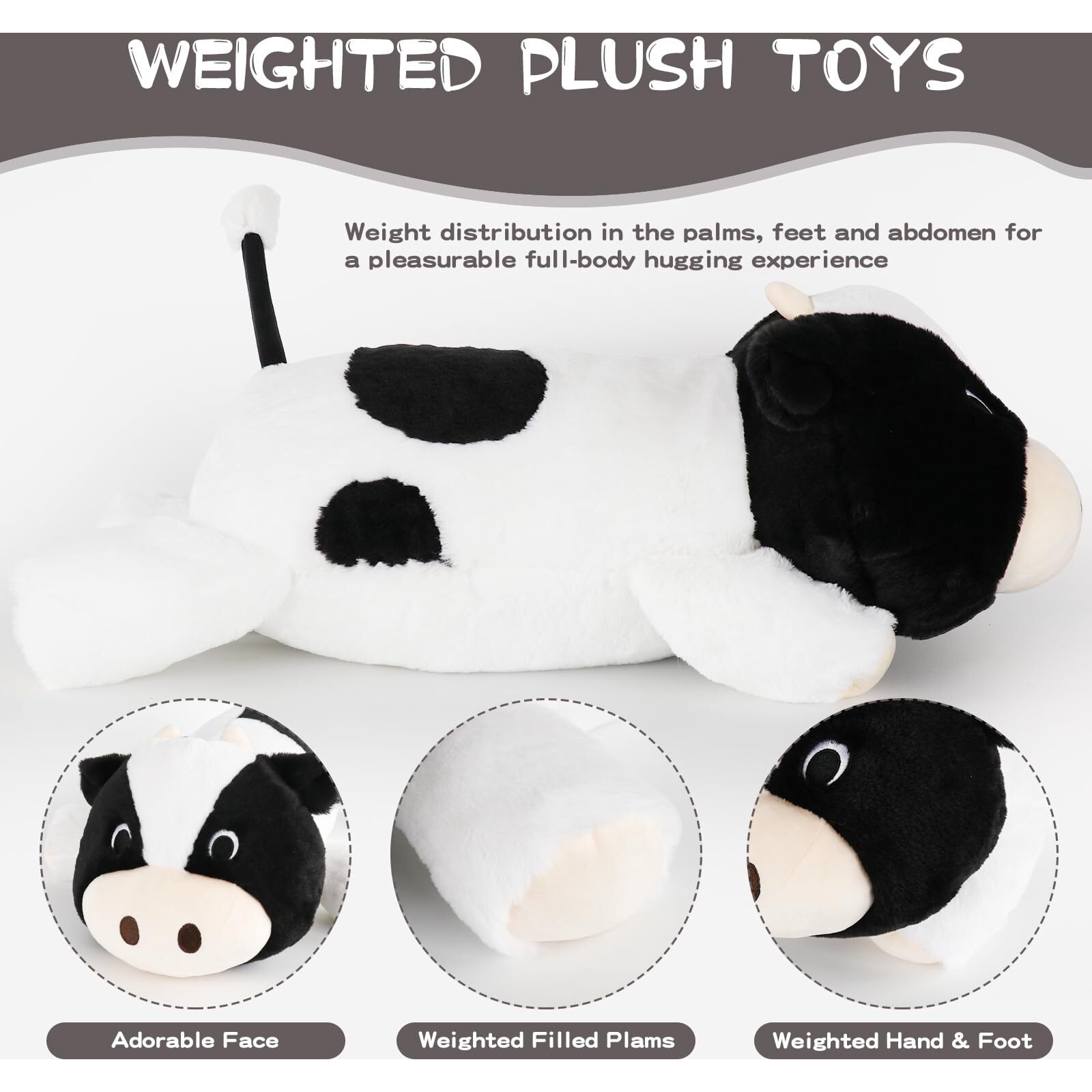 Ffxiong 22 Inch 4 Lbs Weighted Cow Stuffed Animal Pillow Soft Body Plushies Doll Cute Large Cow Weighted Plush Animals Toy For Anxiety Gift For Kids Girls Boys Birthday Valentines