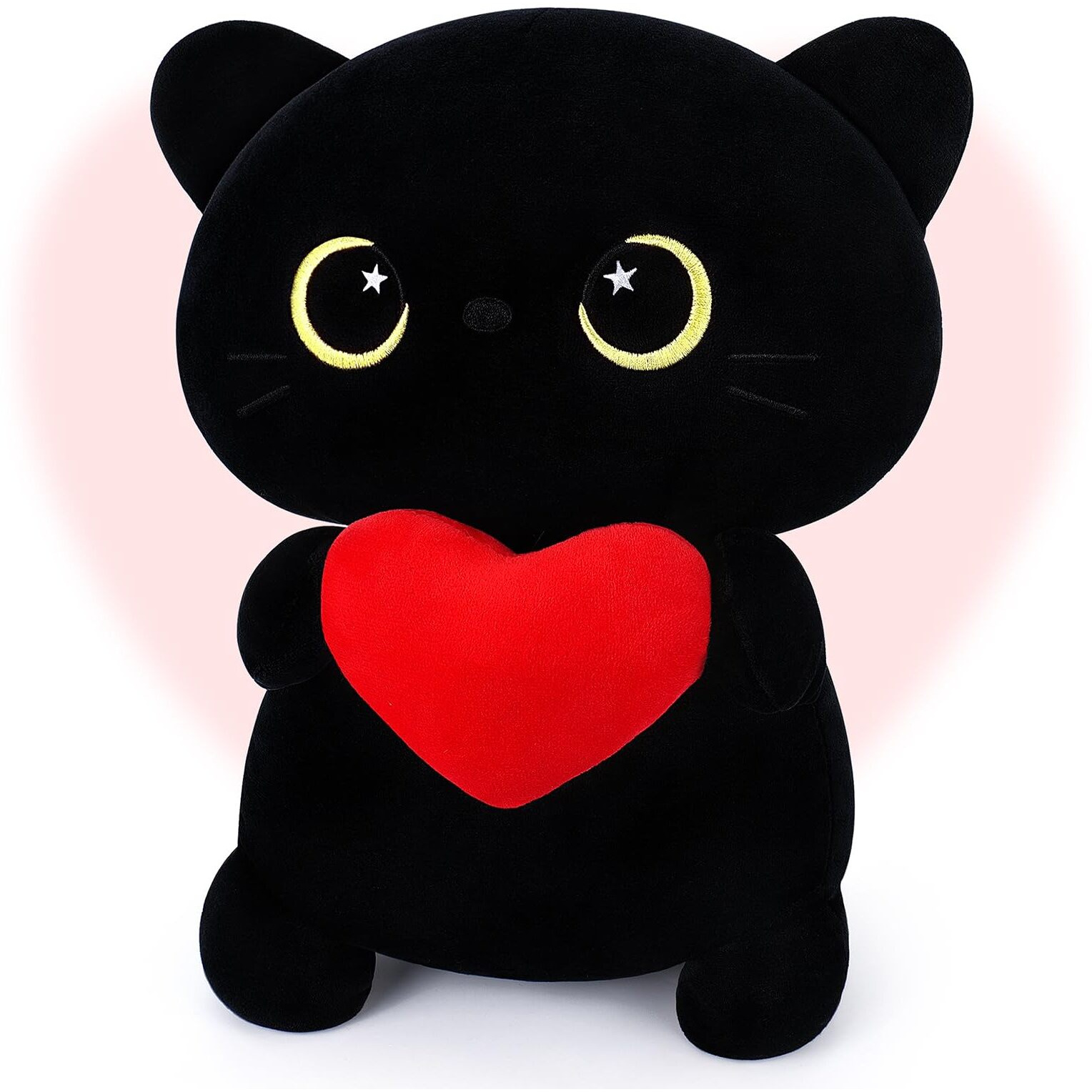 Achwishap Black Cat Plush,Cute Cat Stuffed Animal-14    Kawaii Black Cat Plush Toys Birthday Gifts For Girls Boys Adults,Cute Plushies Soft Kitten Plushie Cuddle Pillow For Kids,Red Love Heart Plush
