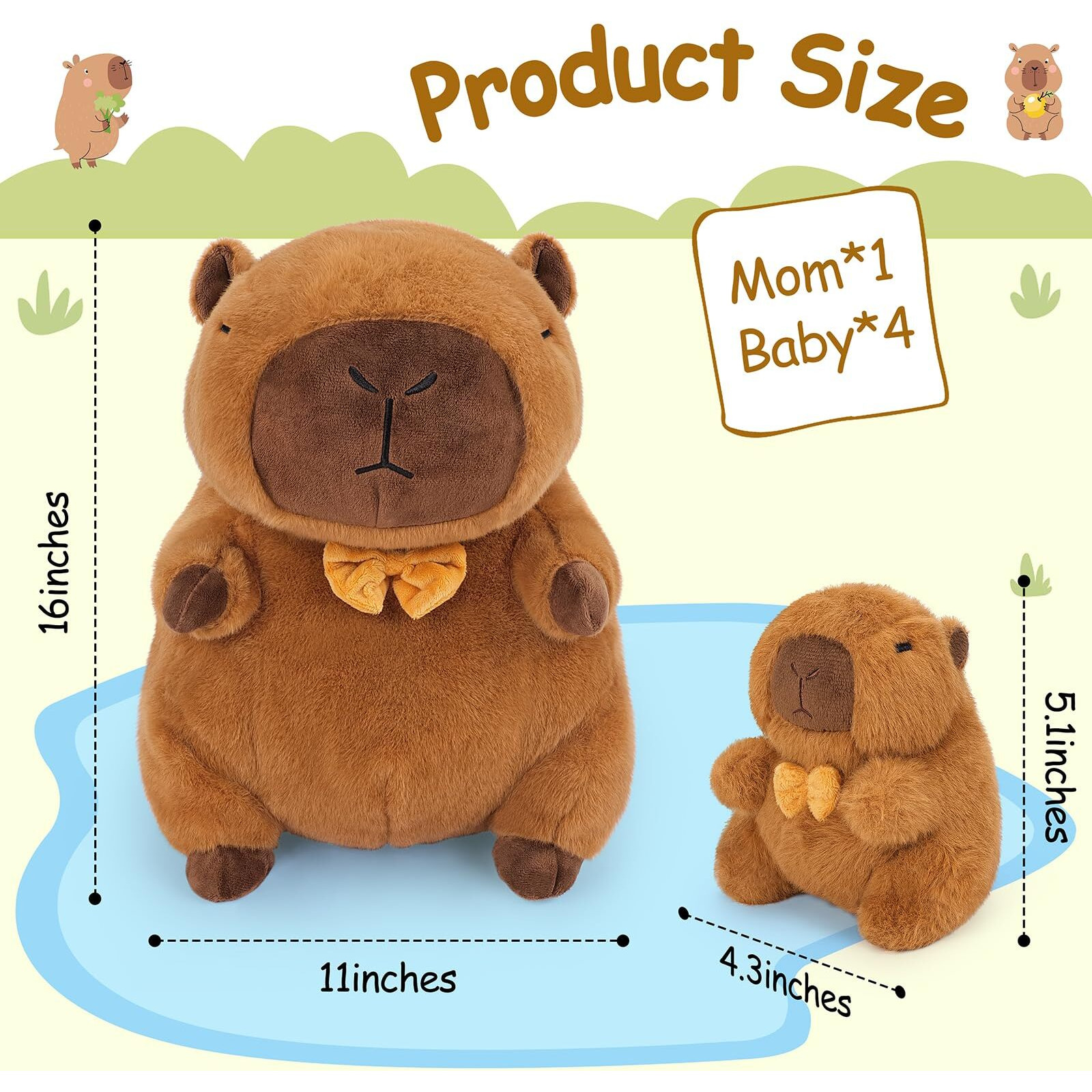 Achwishap 5Pcs Capybara Plush,Capybara Stuffed Animal Mommy With 4 Capybara Babies Plush Toy,Cute Plushie Capybara Hugging Pillow Cuddle Plushie For Kids Girls Boys Gifts(Capybara Family,16   ,Brown)