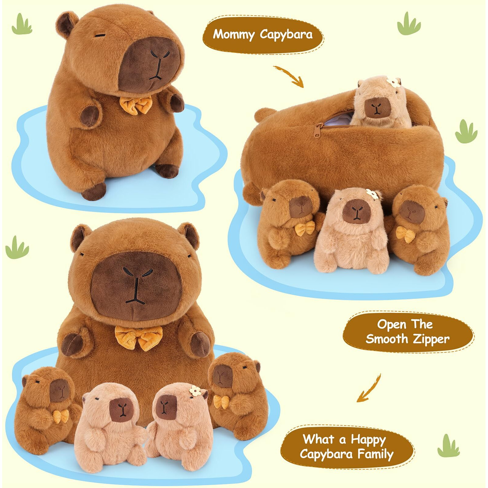 Achwishap 5Pcs Capybara Plush,Capybara Stuffed Animal Mommy With 4 Capybara Babies Plush Toy,Cute Plushie Capybara Hugging Pillow Cuddle Plushie For Kids Girls Boys Gifts(Capybara Family,16   ,Brown)
