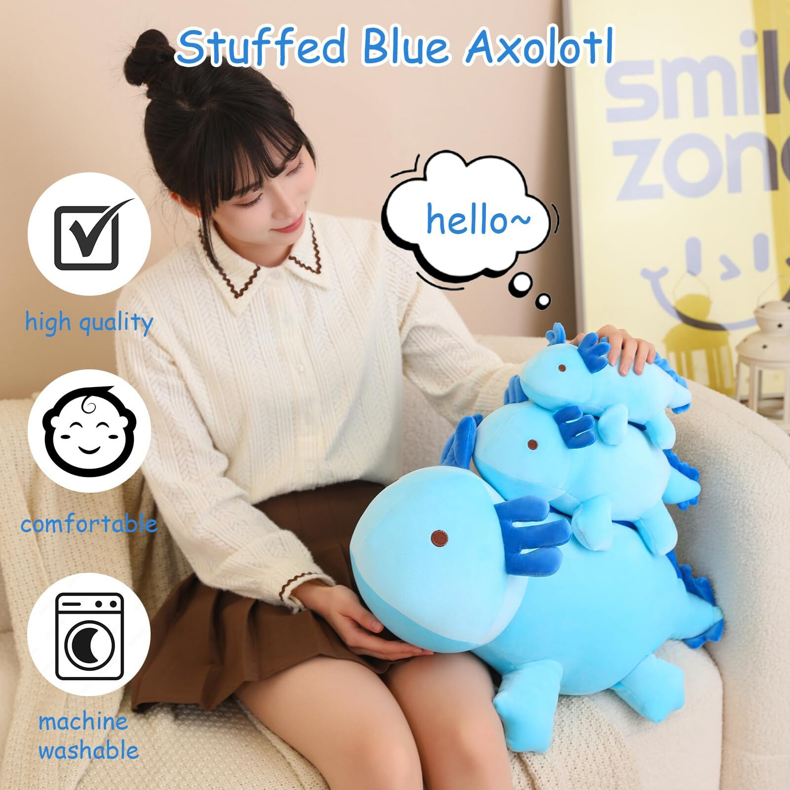 Sqeqe Weighted Axolotl Plush Toy, Blue Axolotl Stuffed Animals Cute Plush Pillow, Kawaii Weighted Stuffed Animals Gifts For Girls & Boys Blue 13.8 Inch, 1.6 Lbs