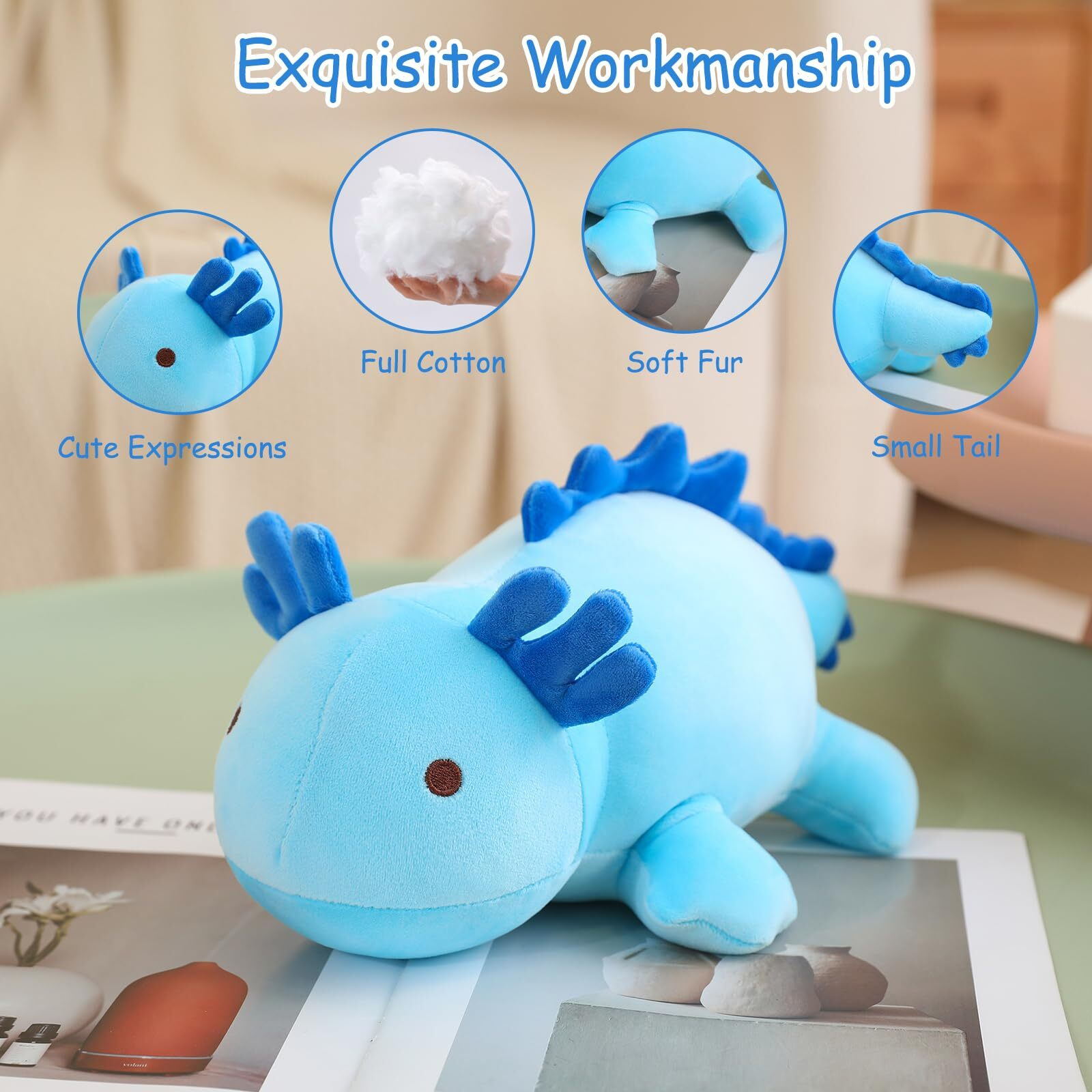 Sqeqe Weighted Axolotl Plush Toy, Blue Axolotl Stuffed Animals Cute Plush Pillow, Kawaii Weighted Stuffed Animals Gifts For Girls & Boys Blue 13.8 Inch, 1.6 Lbs