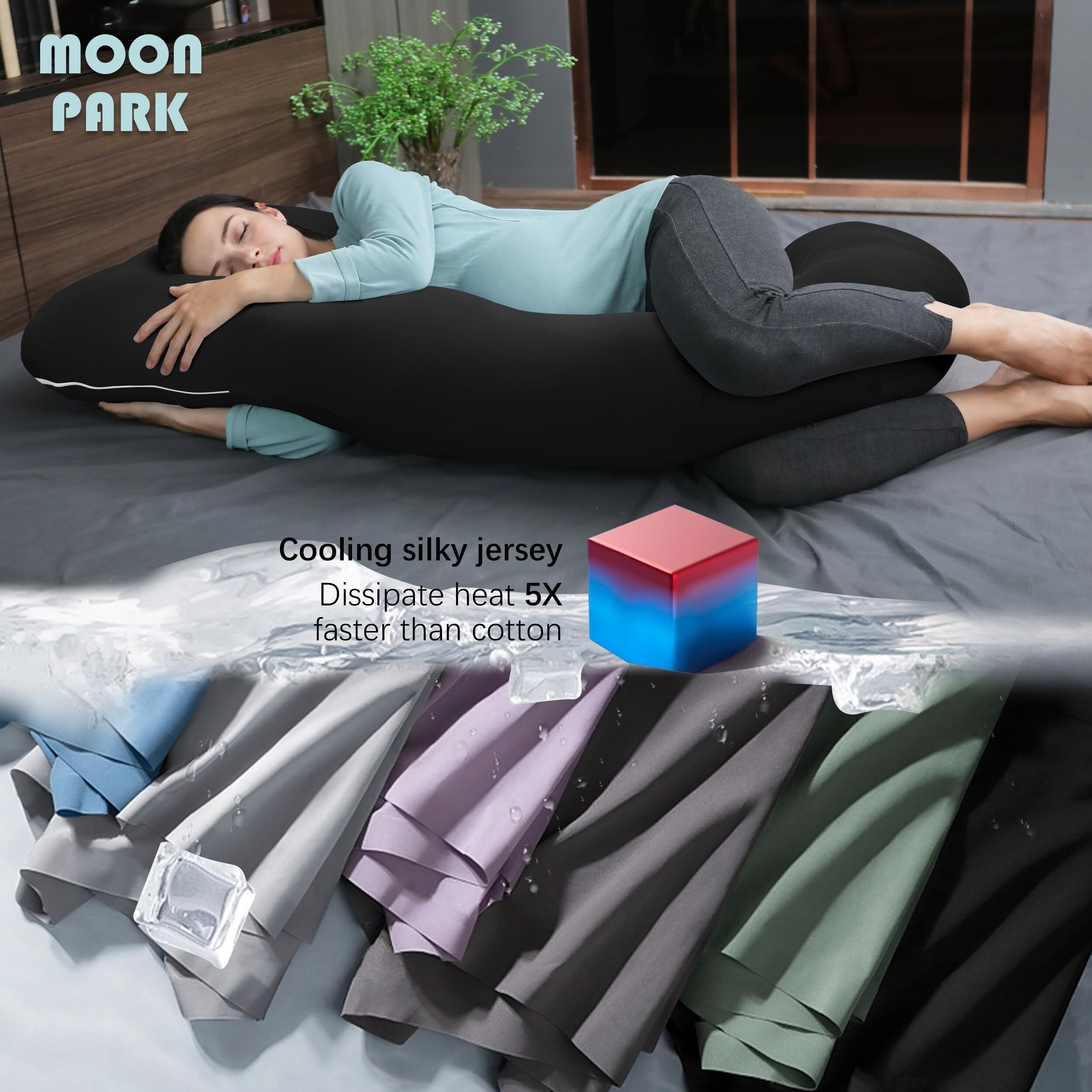 Moon Park Pregnancy Pillows For Sleeping - U Shaped Full Body Maternity Pillow With Removable Cover - Support For Back, Legs, Belly, Hips - 57 Inch - Black - Cooling Cover