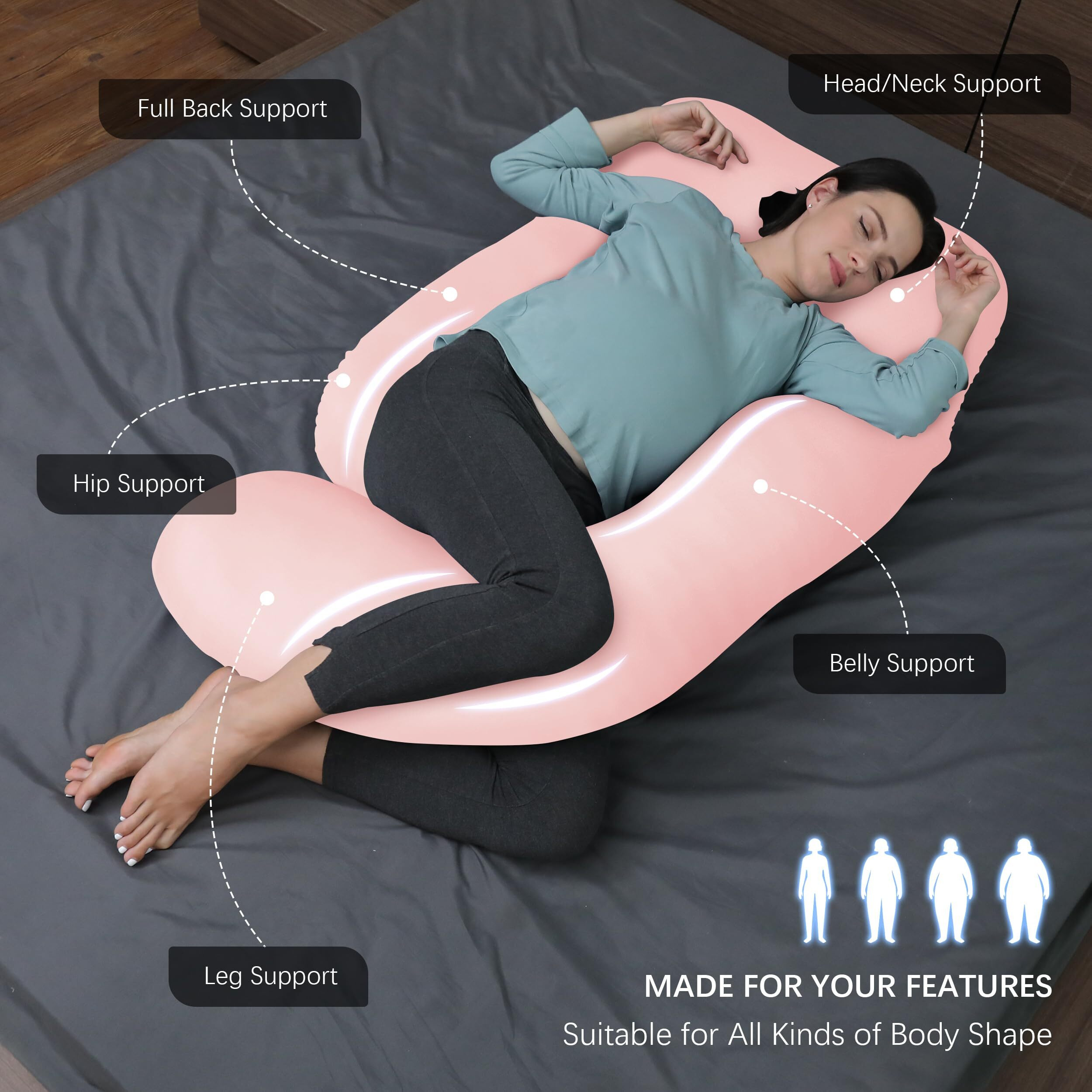 Moon Park Pregnancy Pillows For Sleeping - U Shaped Full Body Maternity Pillow With Removable Cover - Support For Back, Legs, Belly, Hips - 57 Inch - Pink - Cooling Cover