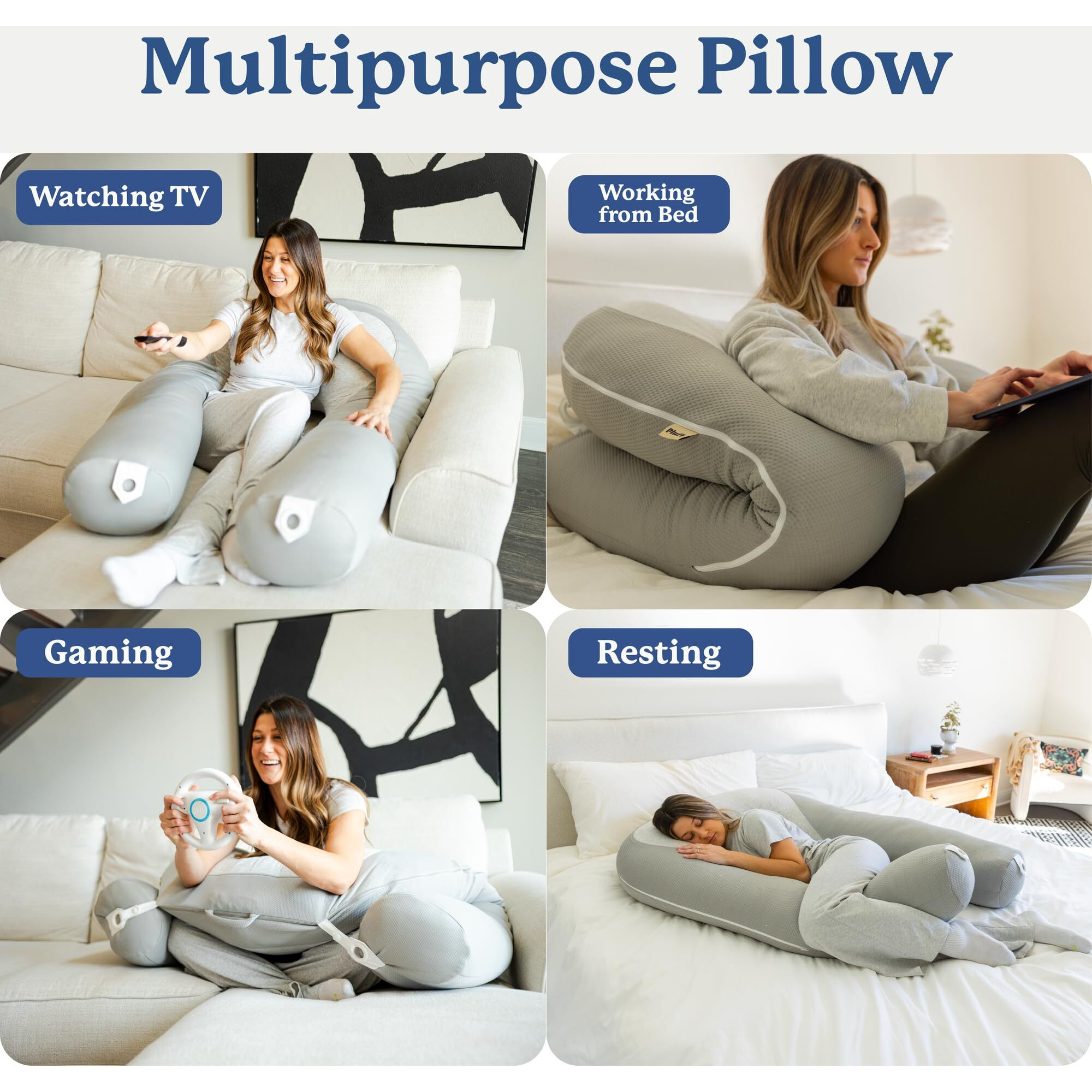 Plufl Hugl Cooling Body Pillow For Adults Made With Memory Foam | U Shaped Maternity Pillows Great For Side Sleepers & Pregnant Women | Washable Cover | Grey
