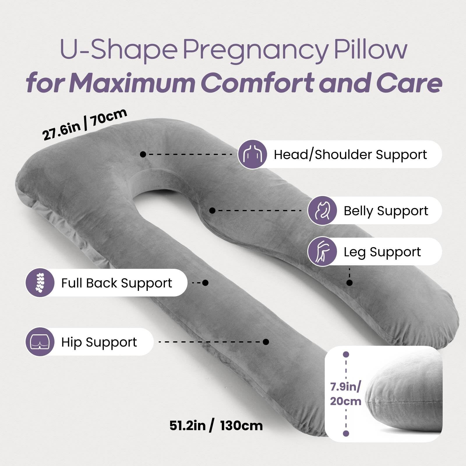 Nuliie Pregnancy Pillow For Sleeping, U Shaped Full Body Pillow Pregnancy Pillows, Maternity Pillow Support For Back, Hips, Legs For Pregnant Women, With Washable Velvet Cover (Grey)