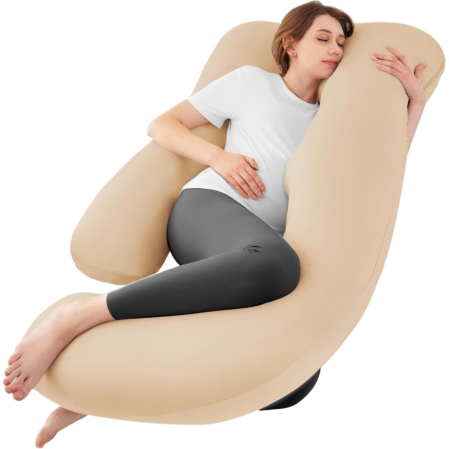 Sasttie Pregnancy Pillows For Sleeping, Jumbo U Shaped Cooling Full Body Pillow With Removable Cover, Pregnant Women Must Haves, Maternity Essential, Beige