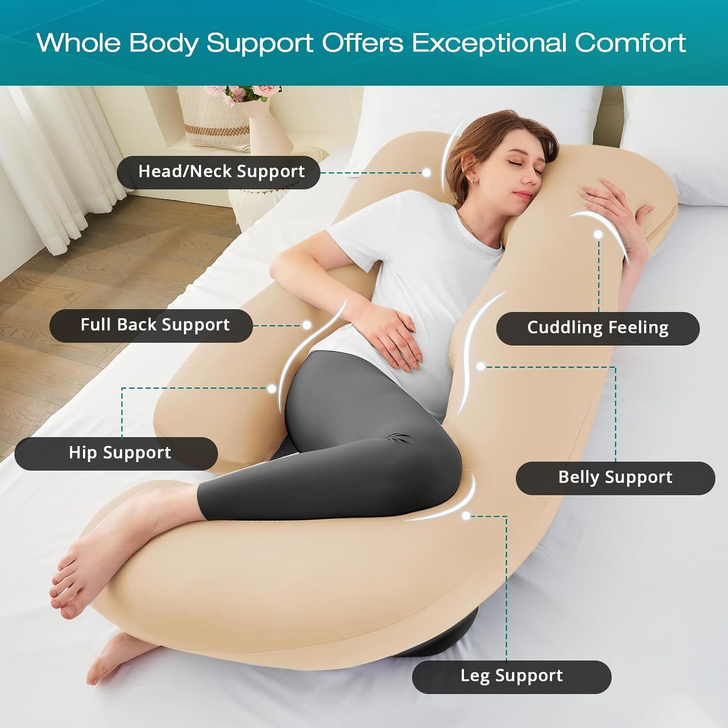 Sasttie Pregnancy Pillows For Sleeping, Jumbo U Shaped Cooling Full Body Pillow With Removable Cover, Pregnant Women Must Haves, Maternity Essential, Beige
