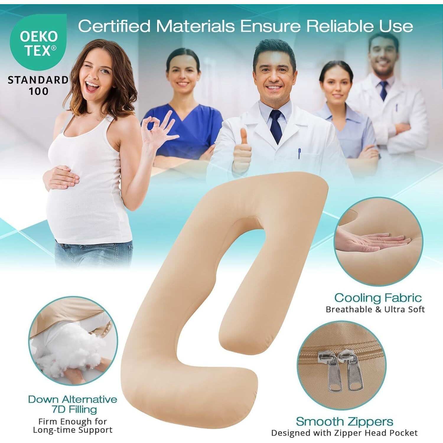 Sasttie Pregnancy Pillows For Sleeping, Jumbo U Shaped Cooling Full Body Pillow With Removable Cover, Pregnant Women Must Haves, Maternity Essential, Beige