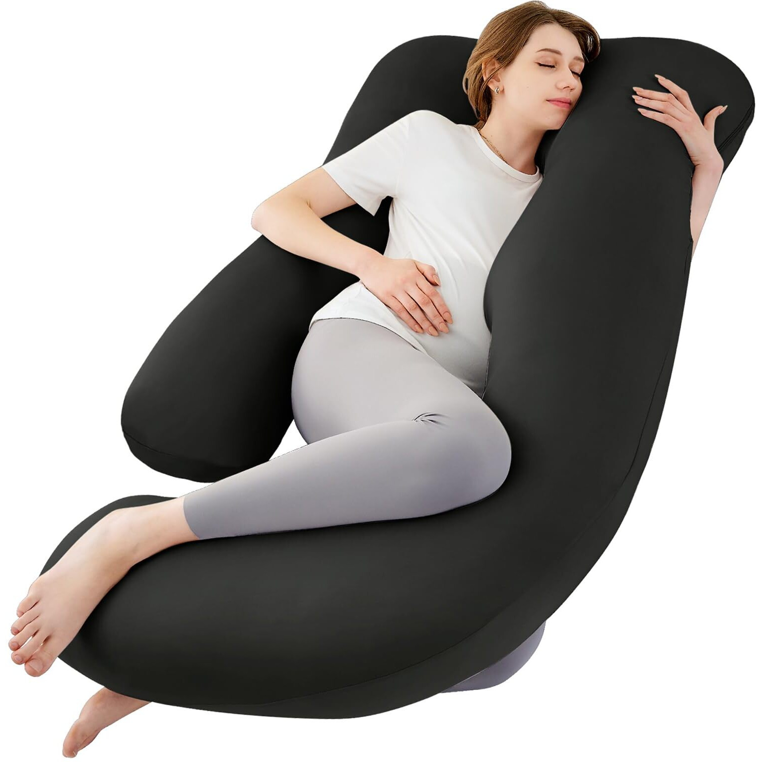 Sasttie Pregnancy Pillows For Sleeping, U Shaped Cooling Full Body Pillow With Removable Cover, Pregnant Women Must Haves, Maternity Essential, Black