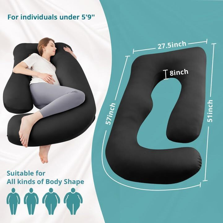 Sasttie Pregnancy Pillows For Sleeping, U Shaped Cooling Full Body Pillow With Removable Cover, Pregnant Women Must Haves, Maternity Essential, Black
