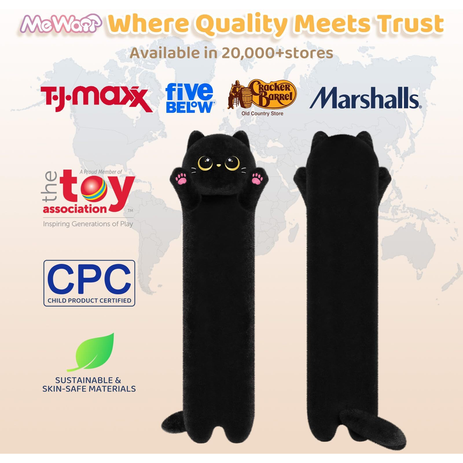 Mewaii Artist-Designed Ultra Soft Long Black Cat Plush Body Pillow, Extra Stuffing For Comfort, Premium Quality Stuffed Animal Gift For Girlfriend Or Cat Lovers (Black Cat Body Pillow 44 Inch)