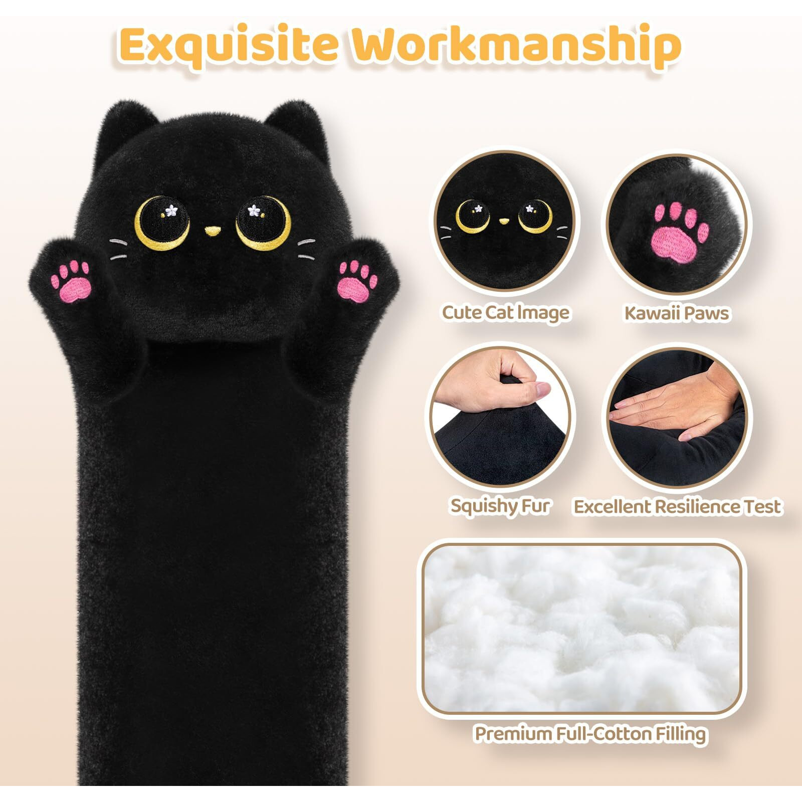 Mewaii Artist-Designed Ultra Soft Long Black Cat Plush Body Pillow, Extra Stuffing For Comfort, Premium Quality Stuffed Animal Gift For Girlfriend Or Cat Lovers (Black Cat Body Pillow 44 Inch)