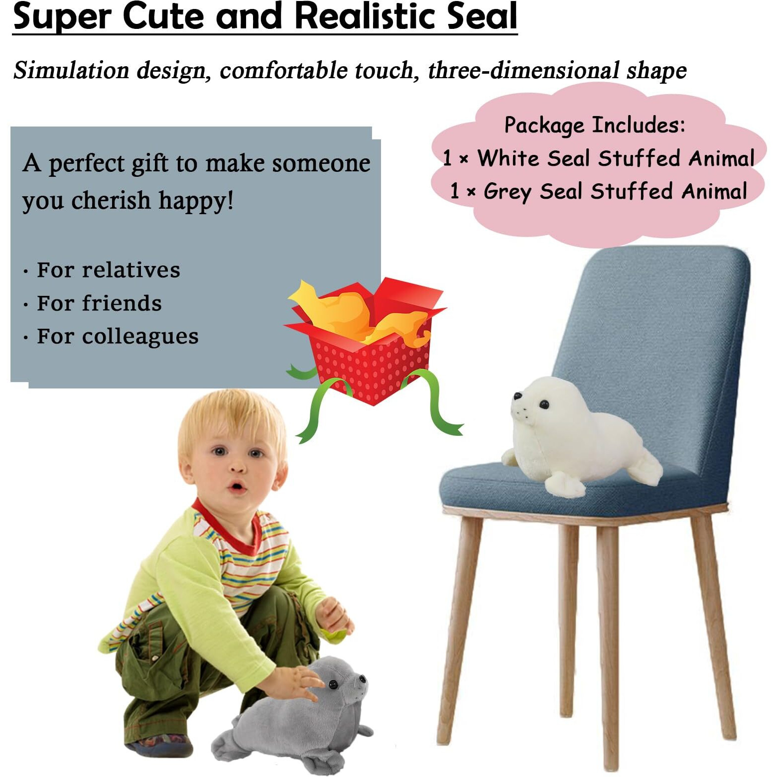 Zhidiloveyou 2Pcs 9"" Seal Plush Stuffed Animal Cute Seal Toy Pillow Kawaii Doll Gifts For Kids
