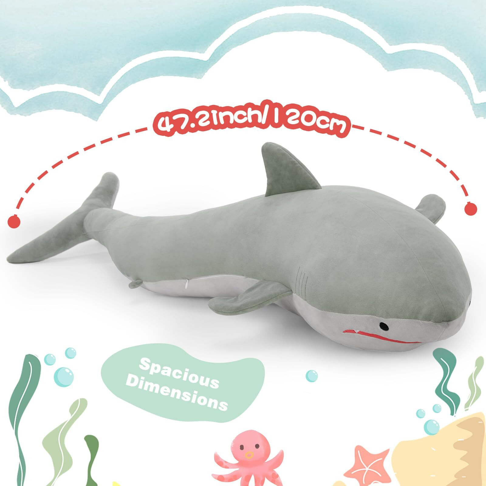 Beniny 48"" Giant Shark Stuffed Animal, Large Squishy Shark Plush Pillow, Long Life Size Ocean Plushies Toy Gifts For Kids Girls Boys