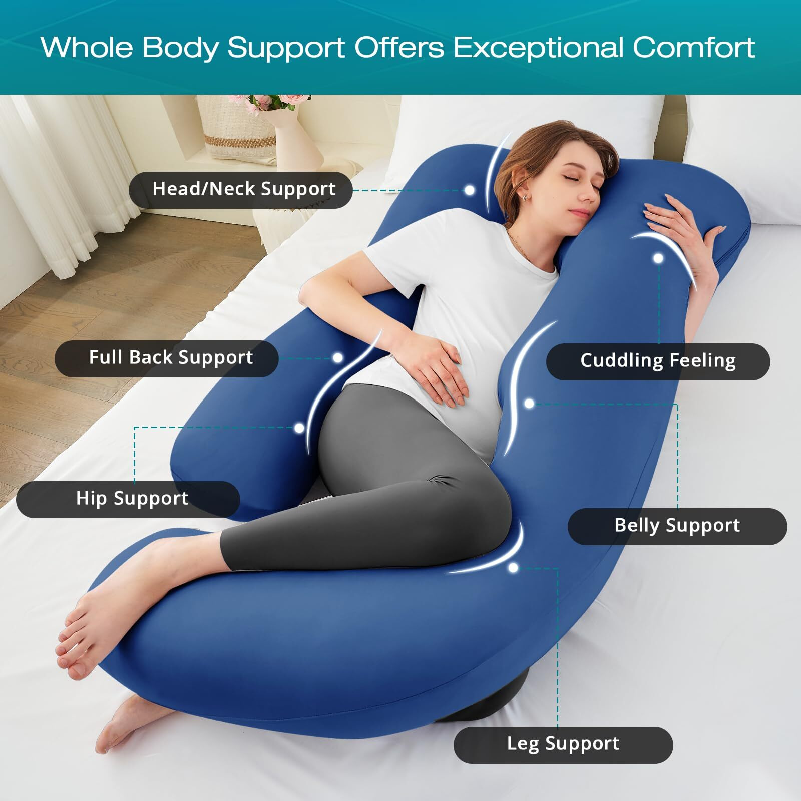 Sasttie Pregnancy Pillows For Sleeping, Jumbo U Shaped Cooling Full Body Pillow With Removable Cover, Pregnant Women Must Haves, Maternity Essential, Navy