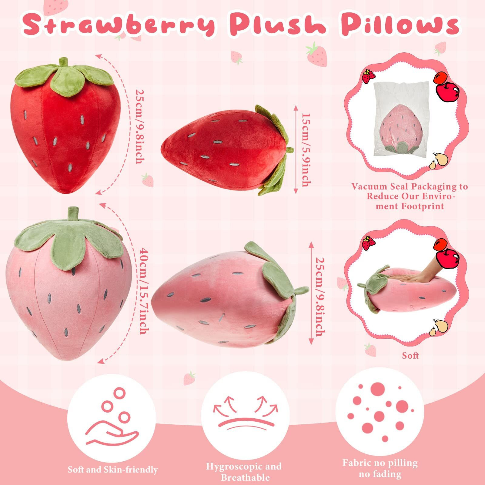 Juexica 2 Pcs Strawberry Pillow Fruit Plush Pillow 15.7 Inch 9.8 Inch Soft Kawaii Strawberry Bedroom Decor Aesthetic Cute Berry Decor For Room Home Birthday Gifts(Red