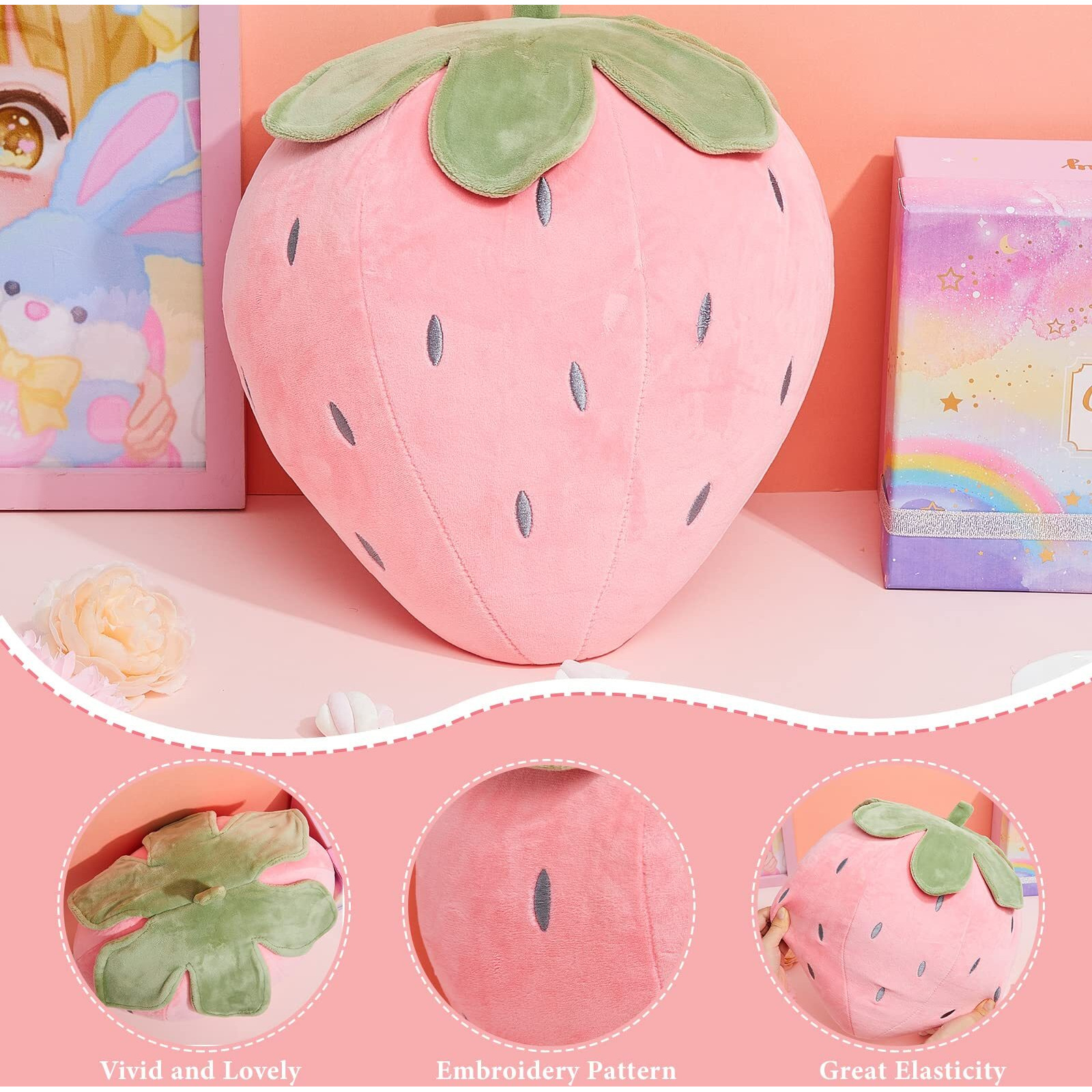 Juexica 2 Pcs Strawberry Pillow Fruit Plush Pillow 15.7 Inch 9.8 Inch Soft Kawaii Strawberry Bedroom Decor Aesthetic Cute Berry Decor For Room Home Birthday Gifts(Red