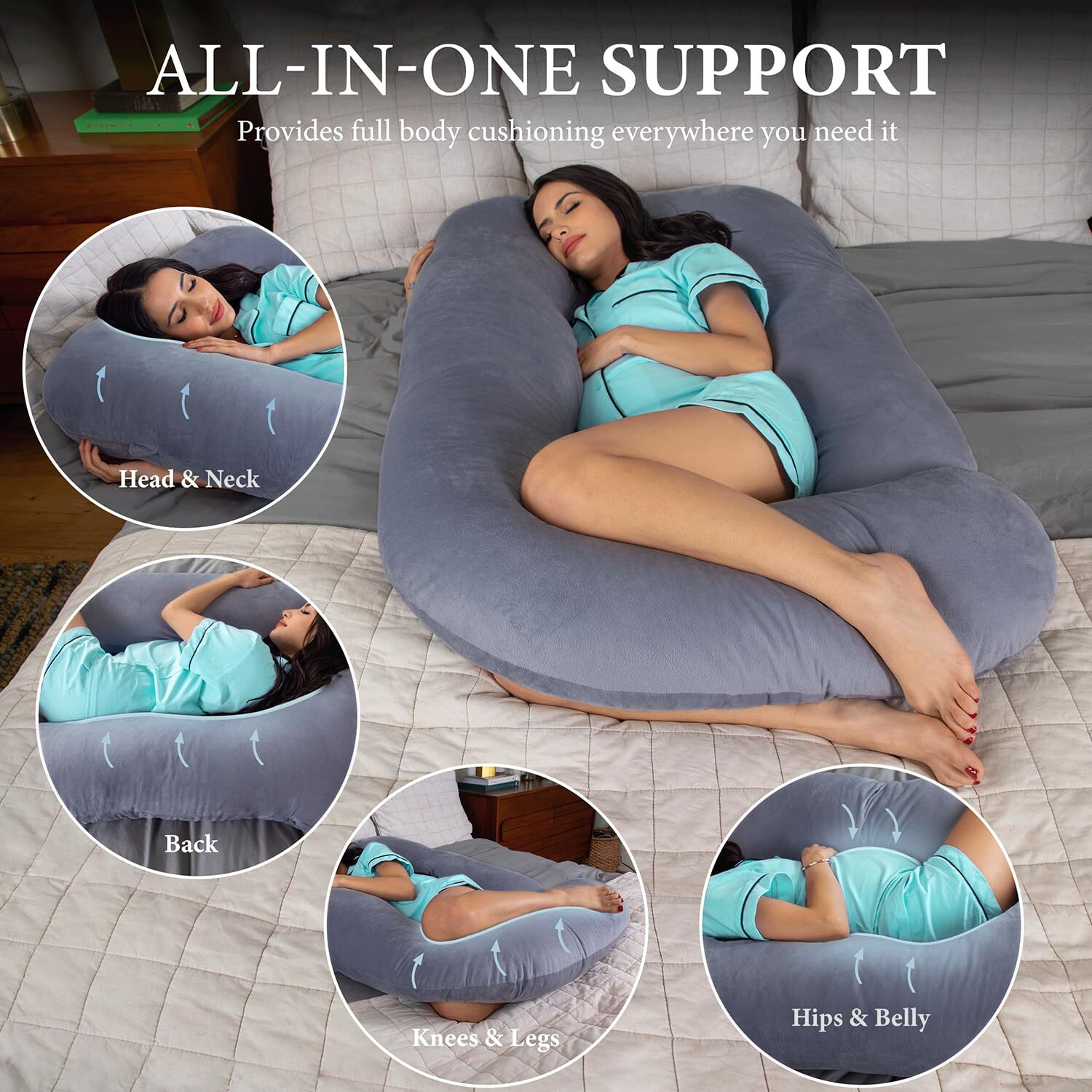 Pharmedoc Pregnancy Pillows, U-Shape Full Body Pillow -Removable Cover Jumbo Size - Gray - Pregnancy Pillows For Sleeping - Body Pillows For Adults, Maternity Pillow And Pregnancy Must Haves