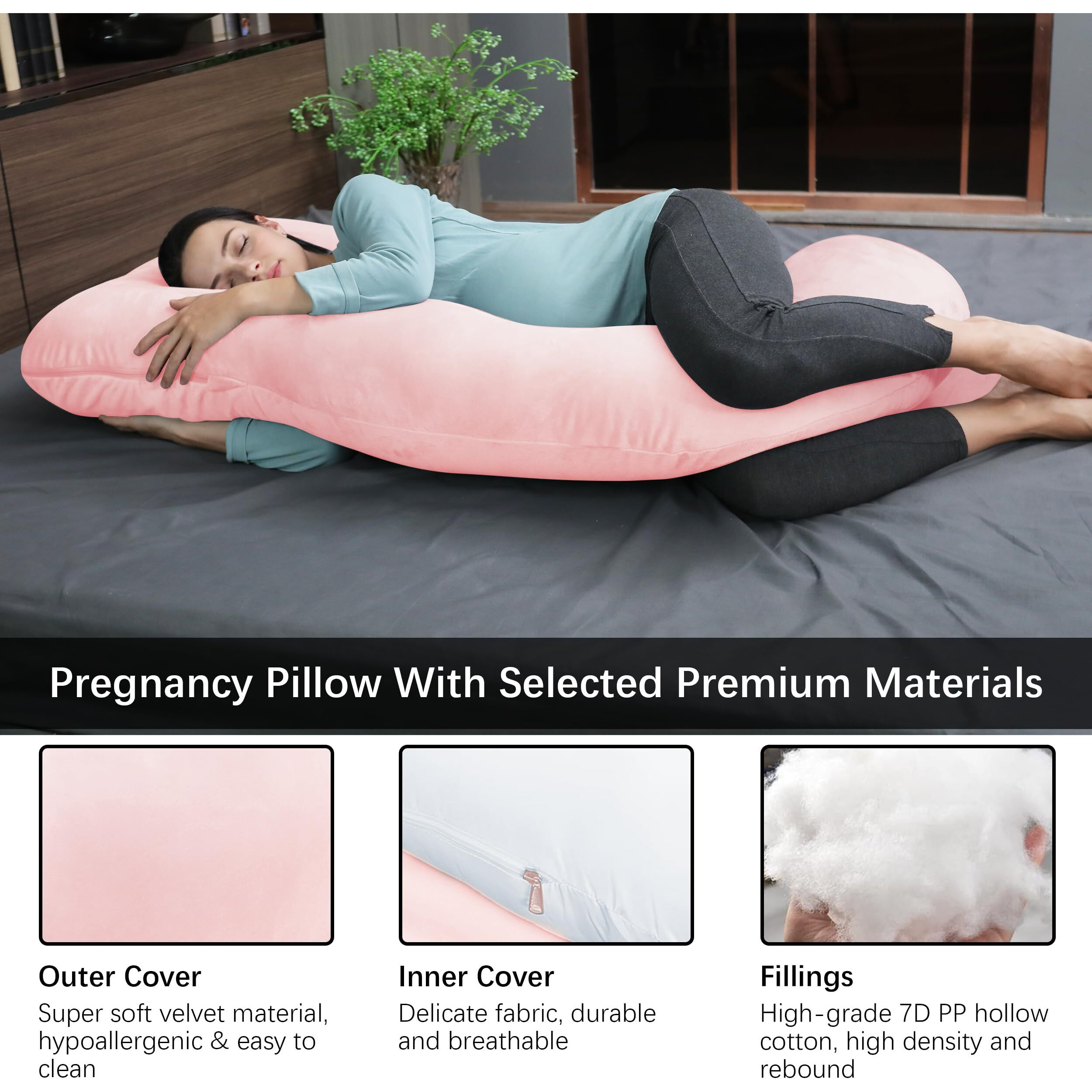 Moon Park Pregnancy Pillows For Sleeping - U Shaped Full Body Maternity Pillow With Removable Cover - Support For Back, Legs, Belly, Hips - 57 Inch Pregnancy Pillow For Women - Pink